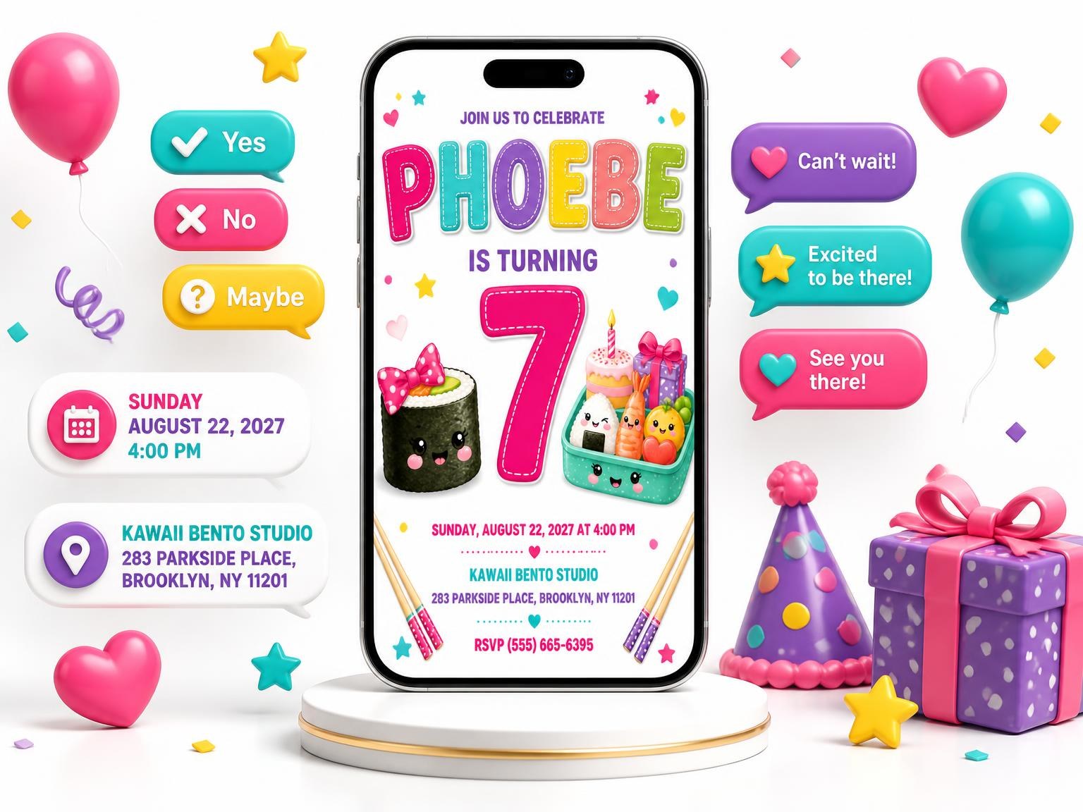 The Bento Box Stitched 7th Birthday Invitation invitation on a phone, with guest RSVPs arriving around it