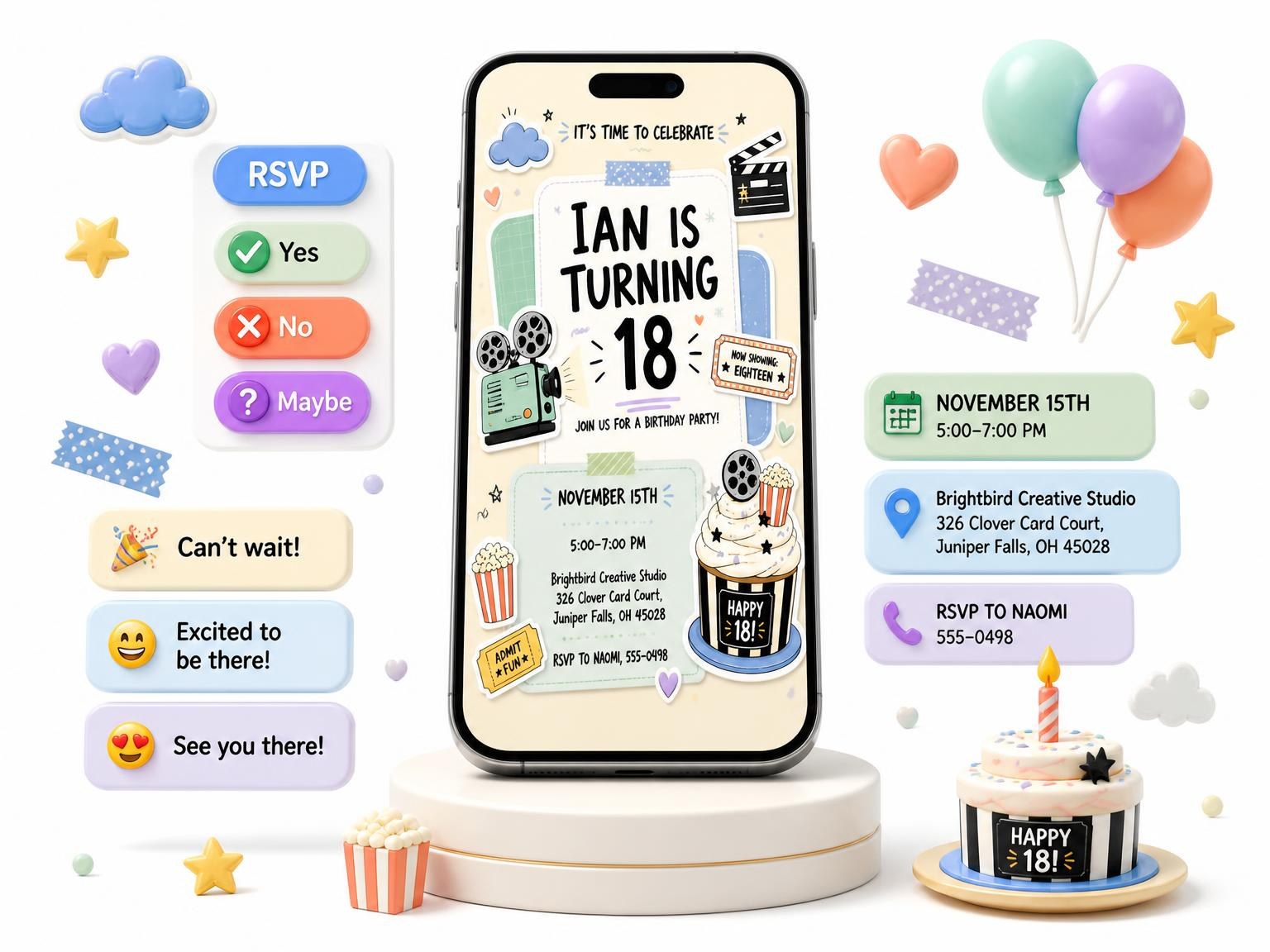 The Film Projector Pastel 18th Birthday Invitation invitation on a phone, with guest RSVPs arriving around it