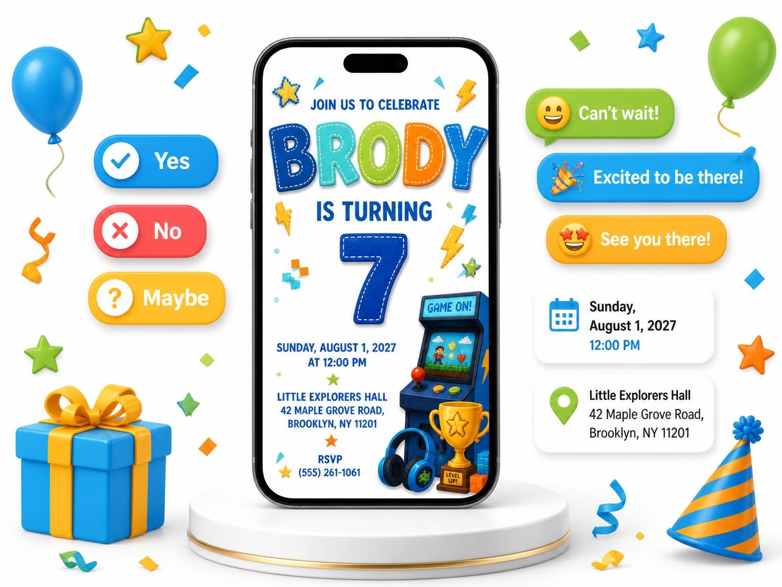 The Stitched Arcade Machine 7th Birthday Invitation invitation on a phone, with guest RSVPs arriving around it