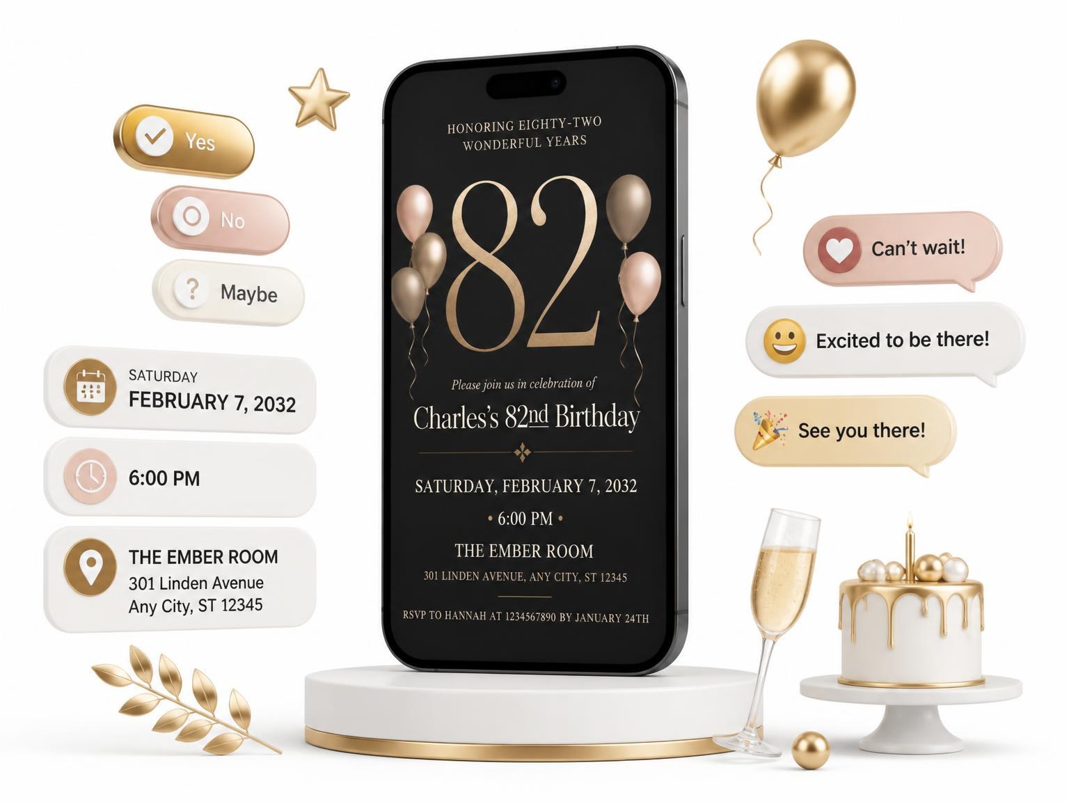 The Charcoal and Blush 82nd Birthday Invitation invitation on a phone, with guest RSVPs arriving around it