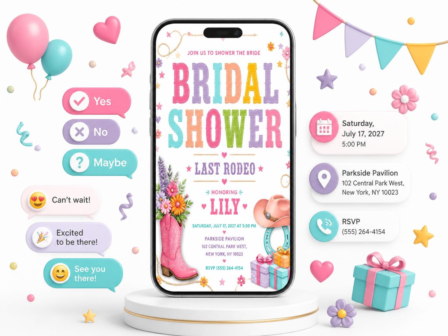 The Pink Cowgirl Bridal Shower Invitation invitation on a phone, with guest RSVPs arriving around it