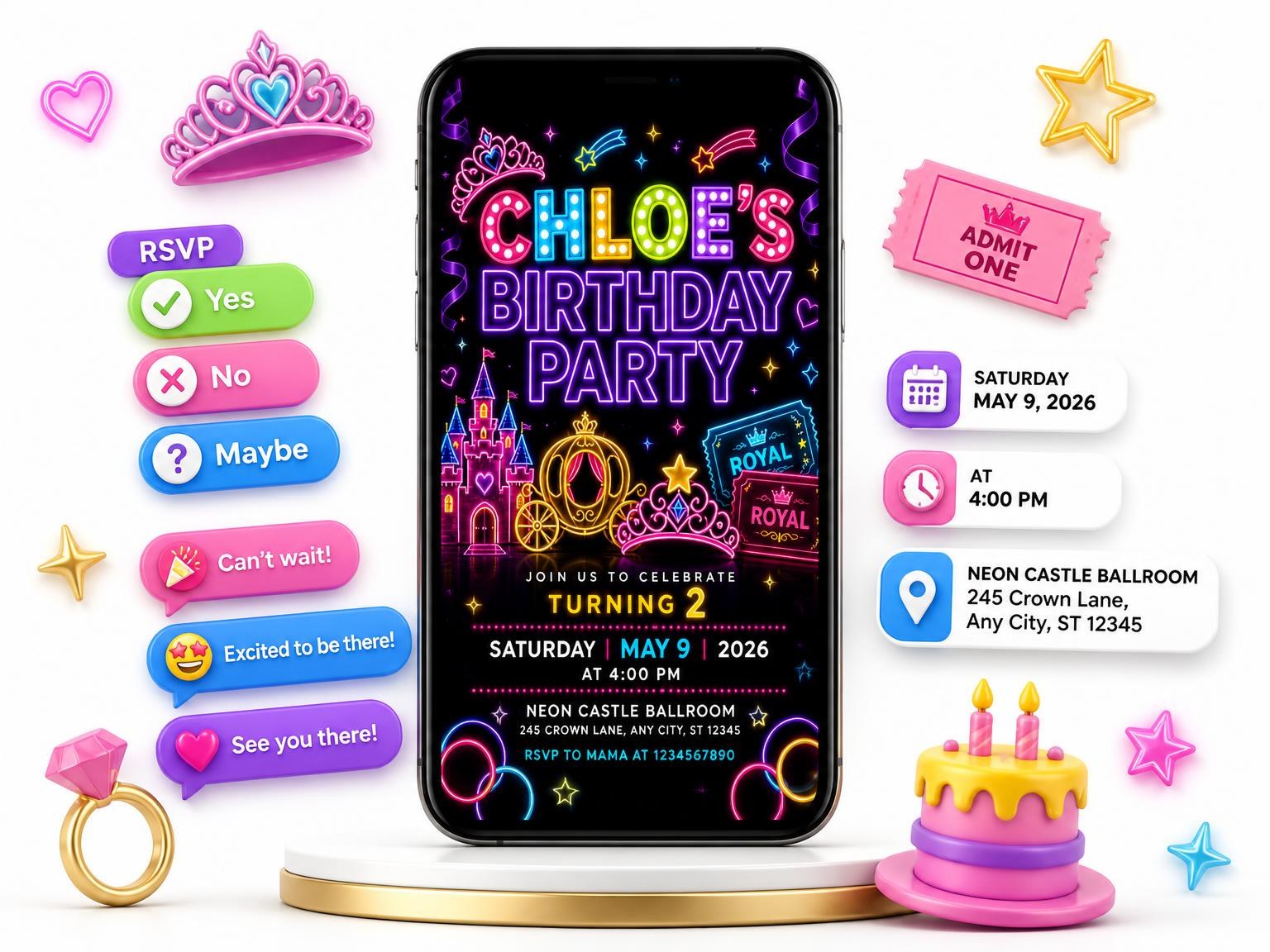 The Neon Princess 2nd Birthday Invitation invitation on a phone, with guest RSVPs arriving around it
