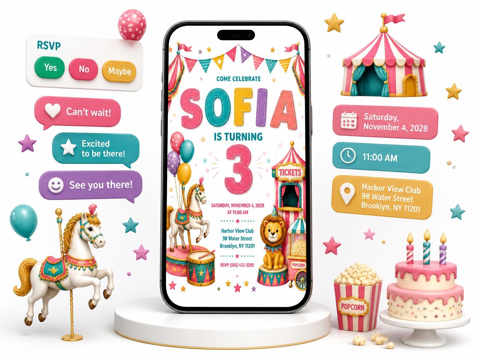 The Stitched Circus 3rd Birthday Invitation invitation on a phone, with guest RSVPs arriving around it