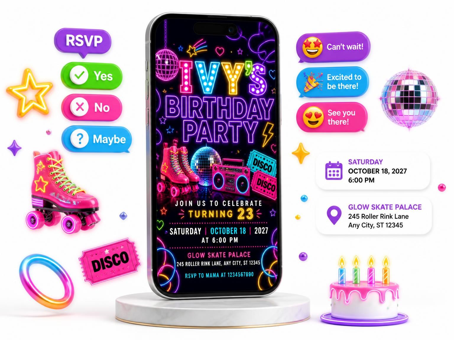 The Neon Roller Disco 23rd Birthday Invitation invitation on a phone, with guest RSVPs arriving around it