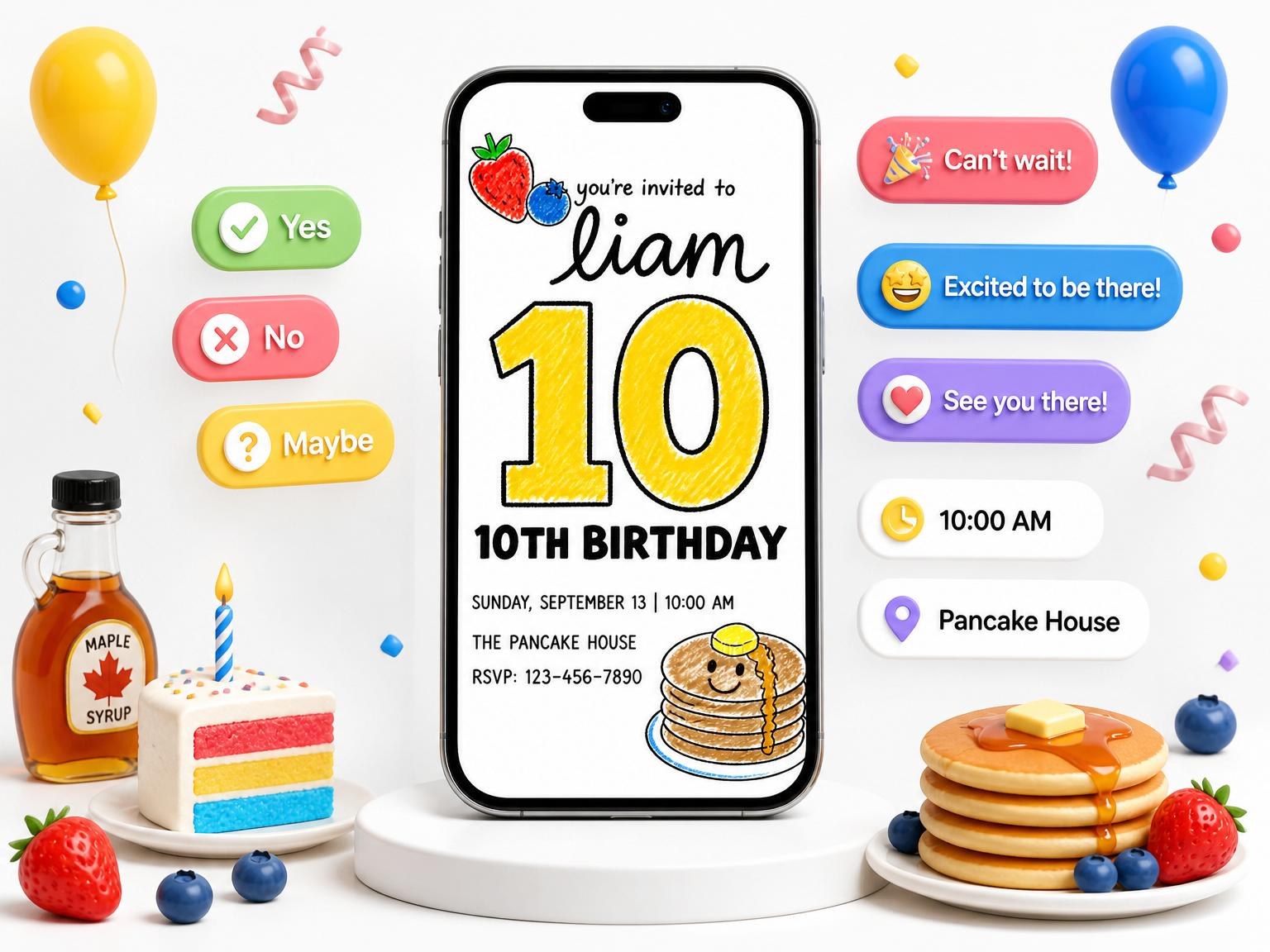 The Crayon Pancake 10th Birthday Invitation invitation on a phone, with guest RSVPs arriving around it