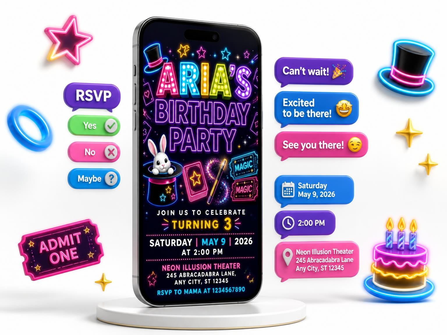 The Neon Magic Show 3rd Birthday Invitation invitation on a phone, with guest RSVPs arriving around it