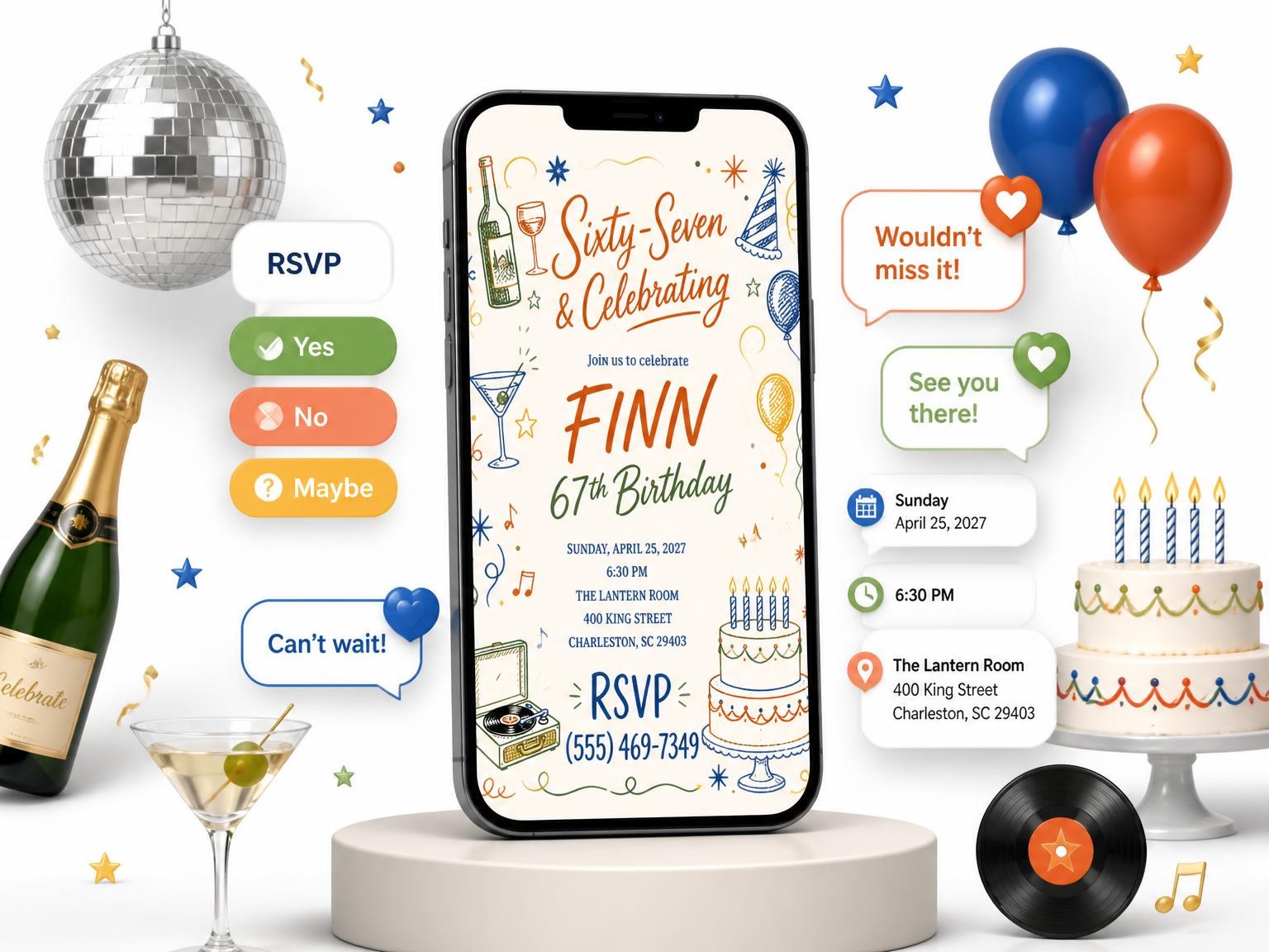 The Retro Doodle 67th Birthday Invitation invitation on a phone, with guest RSVPs arriving around it