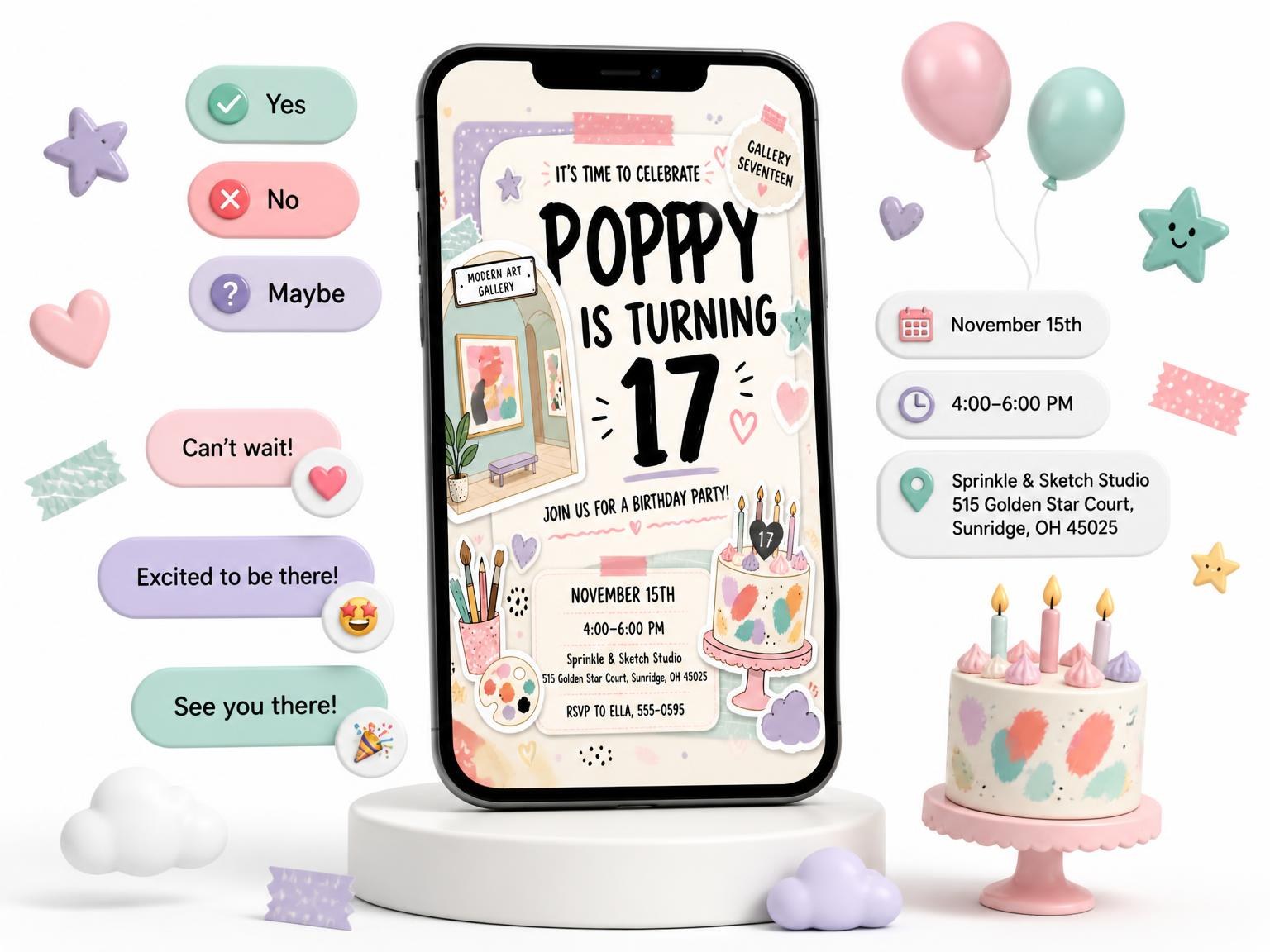 The Art Gallery Pastel 17th Birthday Invitation invitation on a phone, with guest RSVPs arriving around it