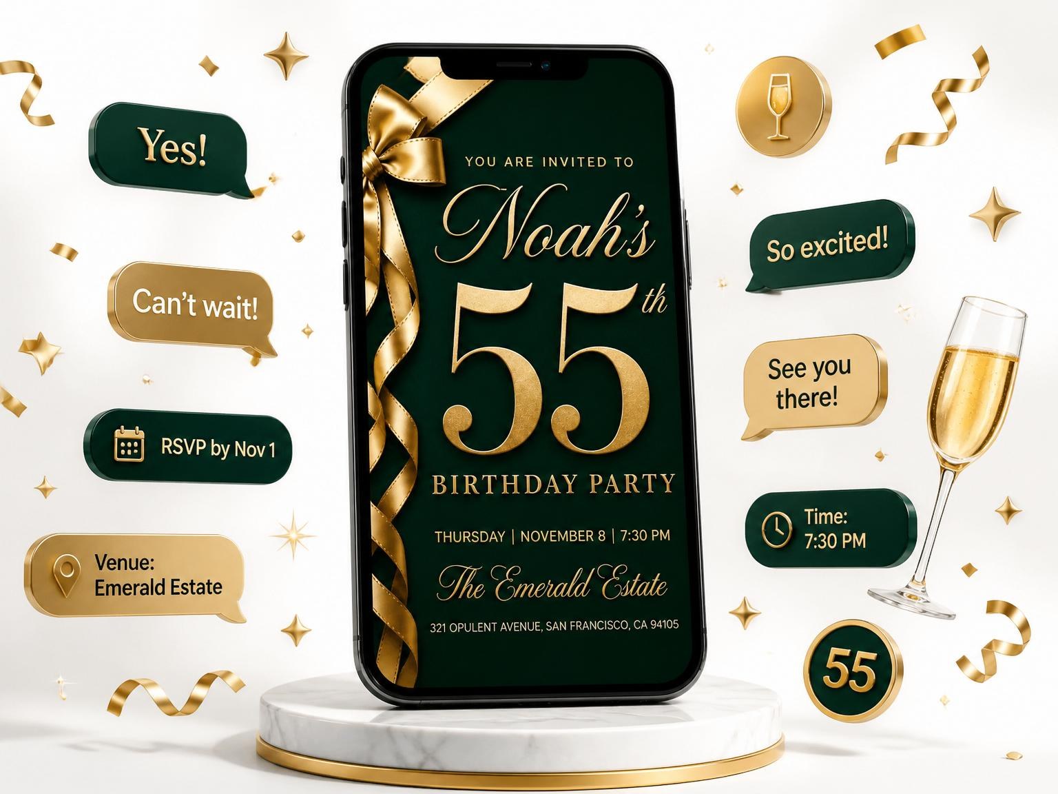 The Emerald and Gold Ribbon 55th Birthday Invitation invitation on a phone, with guest RSVPs arriving around it