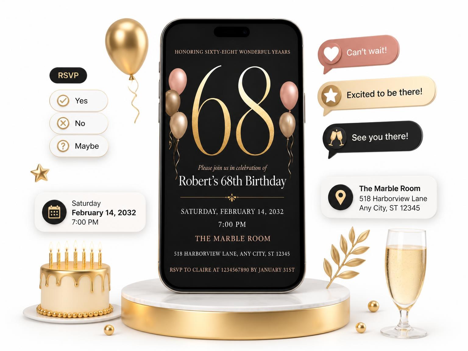 The Charcoal and Blush 68th Birthday Invitation invitation on a phone, with guest RSVPs arriving around it