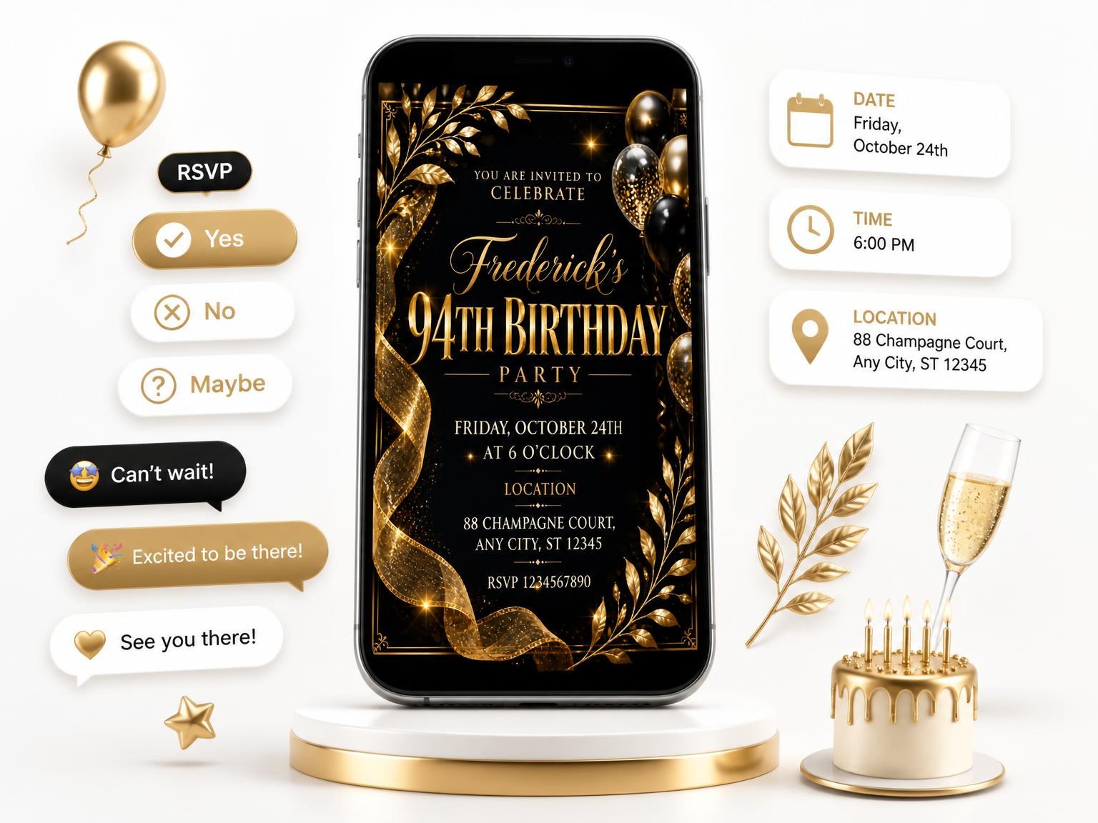 The Black and Gold 94th Birthday Invitation invitation on a phone, with guest RSVPs arriving around it
