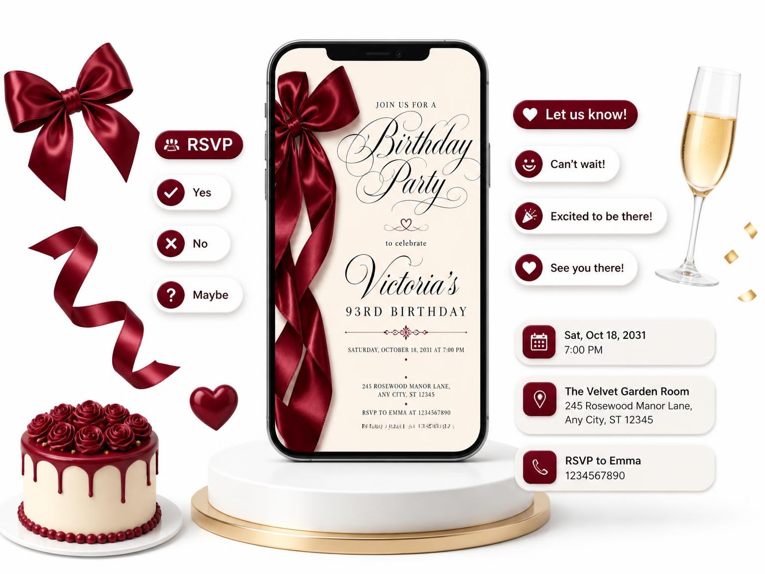 The Burgundy Satin Bow 93rd Birthday Invitation invitation on a phone, with guest RSVPs arriving around it