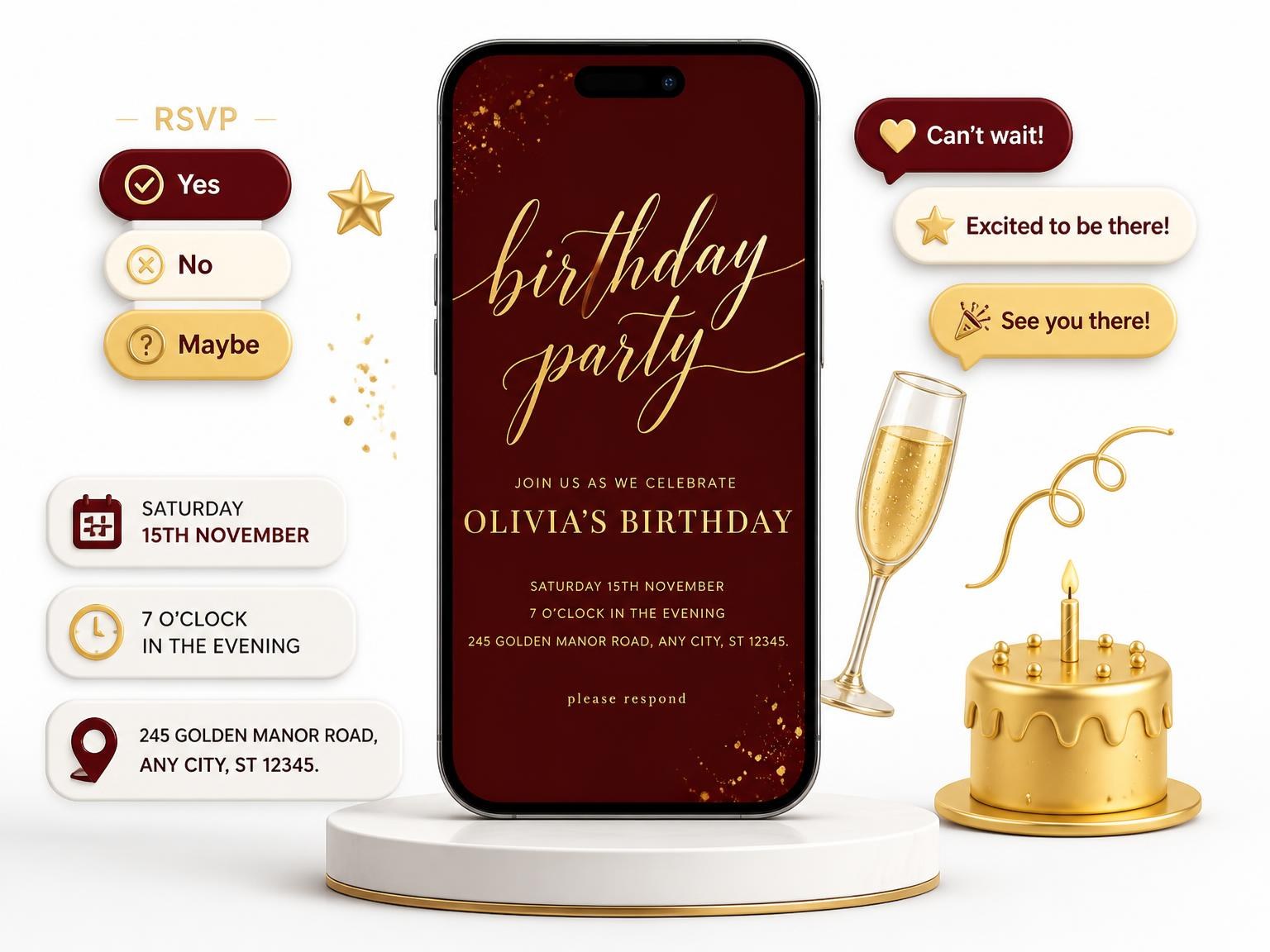 The Oxblood and Gold Birthday Invitation invitation on a phone, with guest RSVPs arriving around it