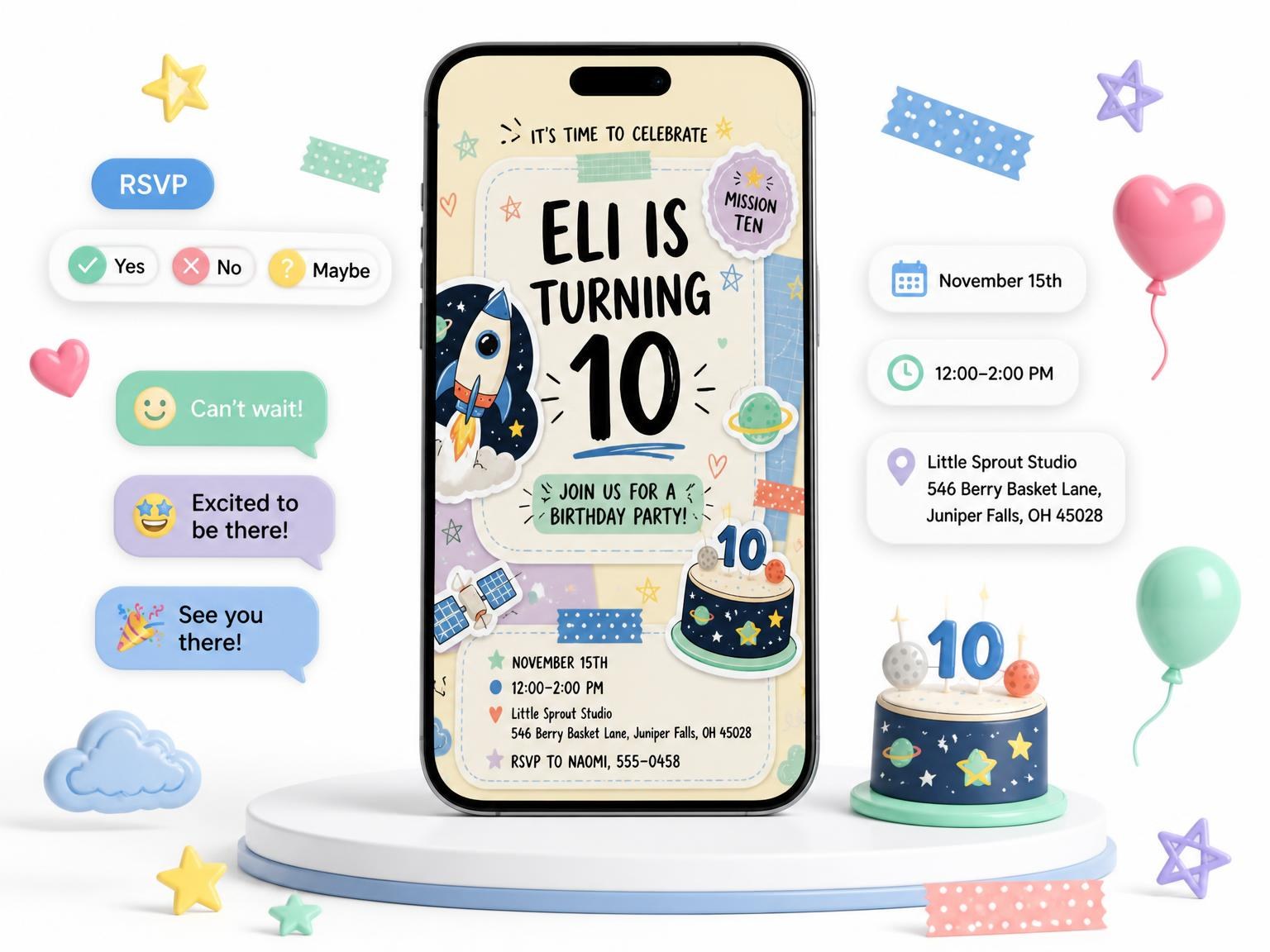 The Rocket Ship Pastel 10th Birthday Invitation invitation on a phone, with guest RSVPs arriving around it