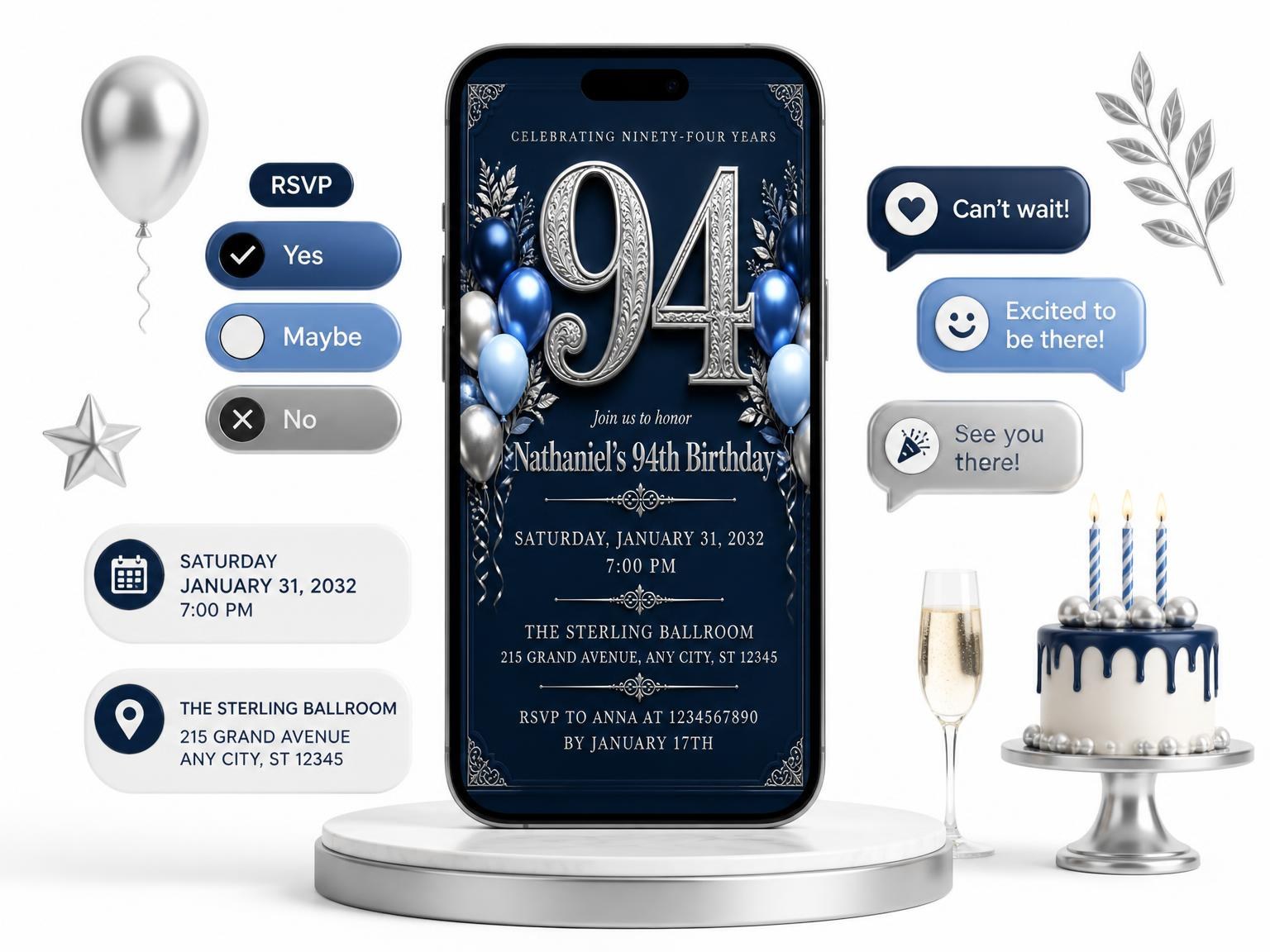 The Navy and Silver 94th Birthday Invitation invitation on a phone, with guest RSVPs arriving around it