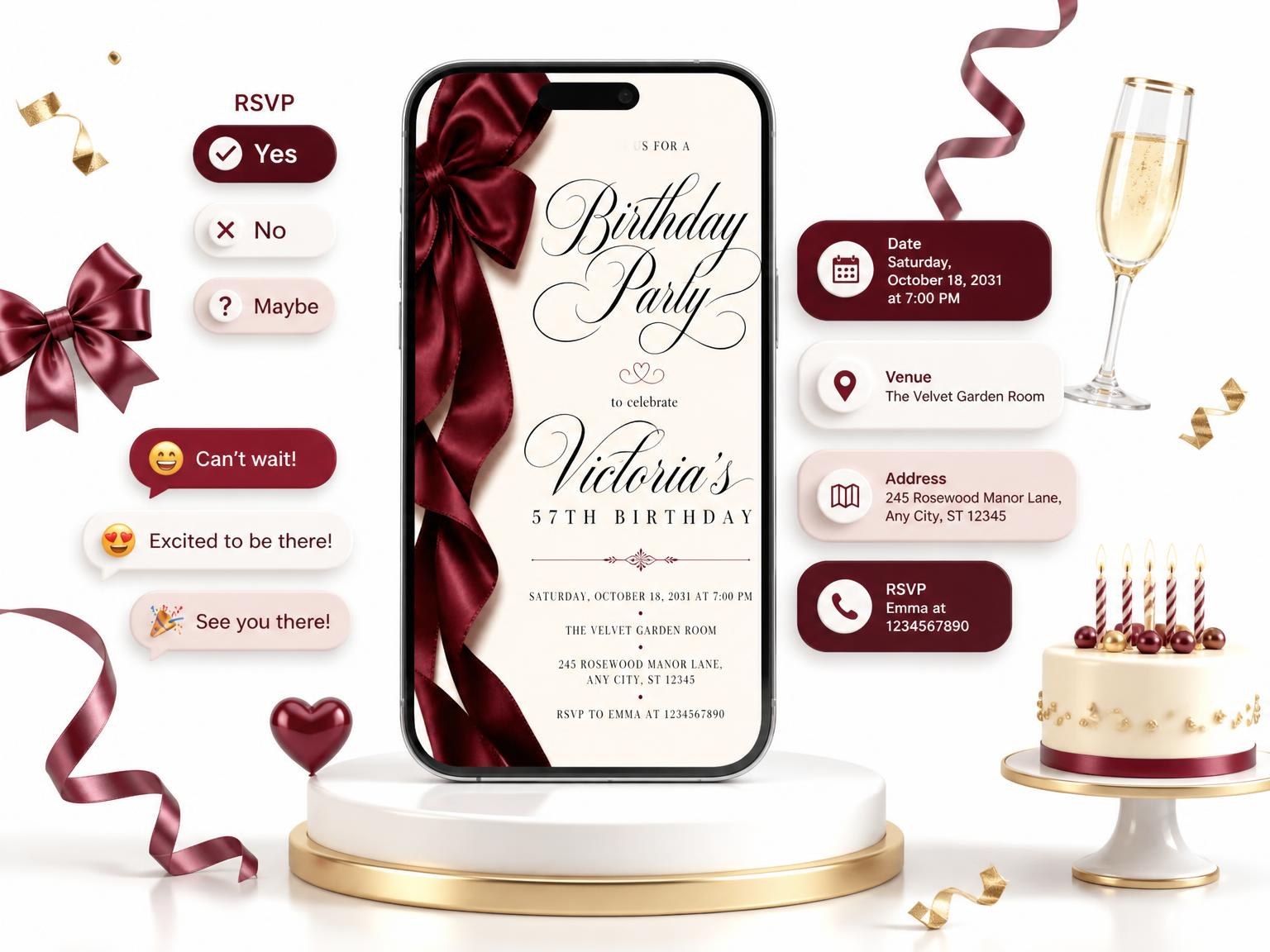 The Burgundy Satin Bow 57th Birthday Invitation invitation on a phone, with guest RSVPs arriving around it