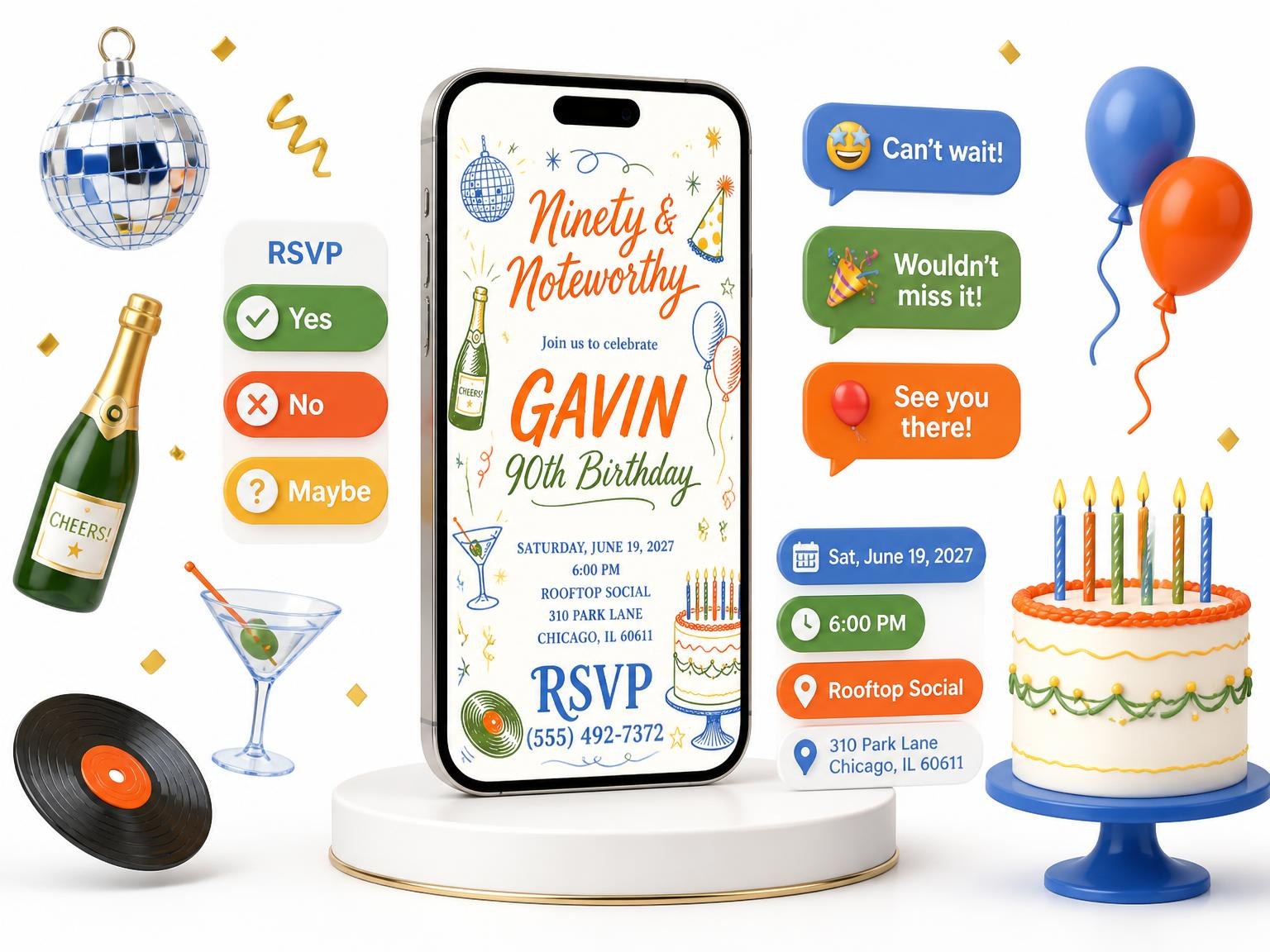 The Retro Doodle 90th Birthday Invitation invitation on a phone, with guest RSVPs arriving around it