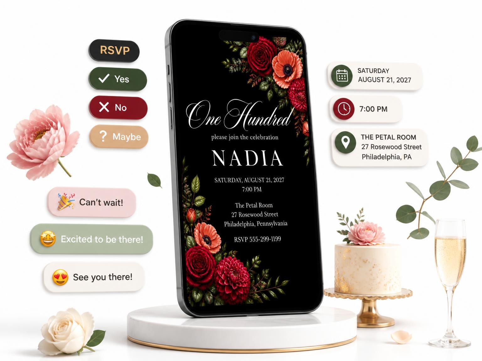 The Black Floral 100th Birthday Invitation invitation on a phone, with guest RSVPs arriving around it
