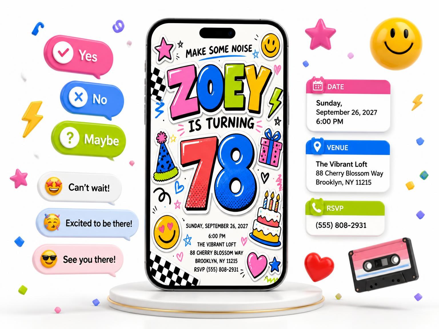 The Sticker Pop 78th Birthday Invitation invitation on a phone, with guest RSVPs arriving around it