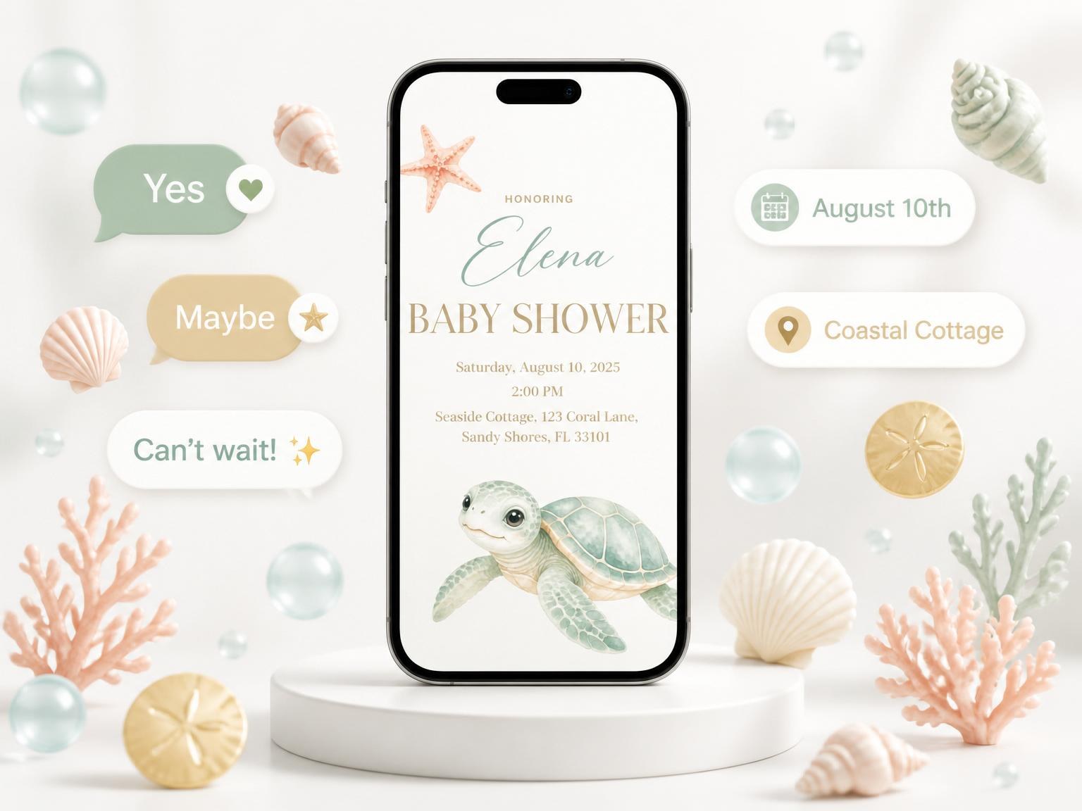 The Green Watercolor Sea Turtle Baby Shower invitation on a phone, with guest RSVPs arriving around it