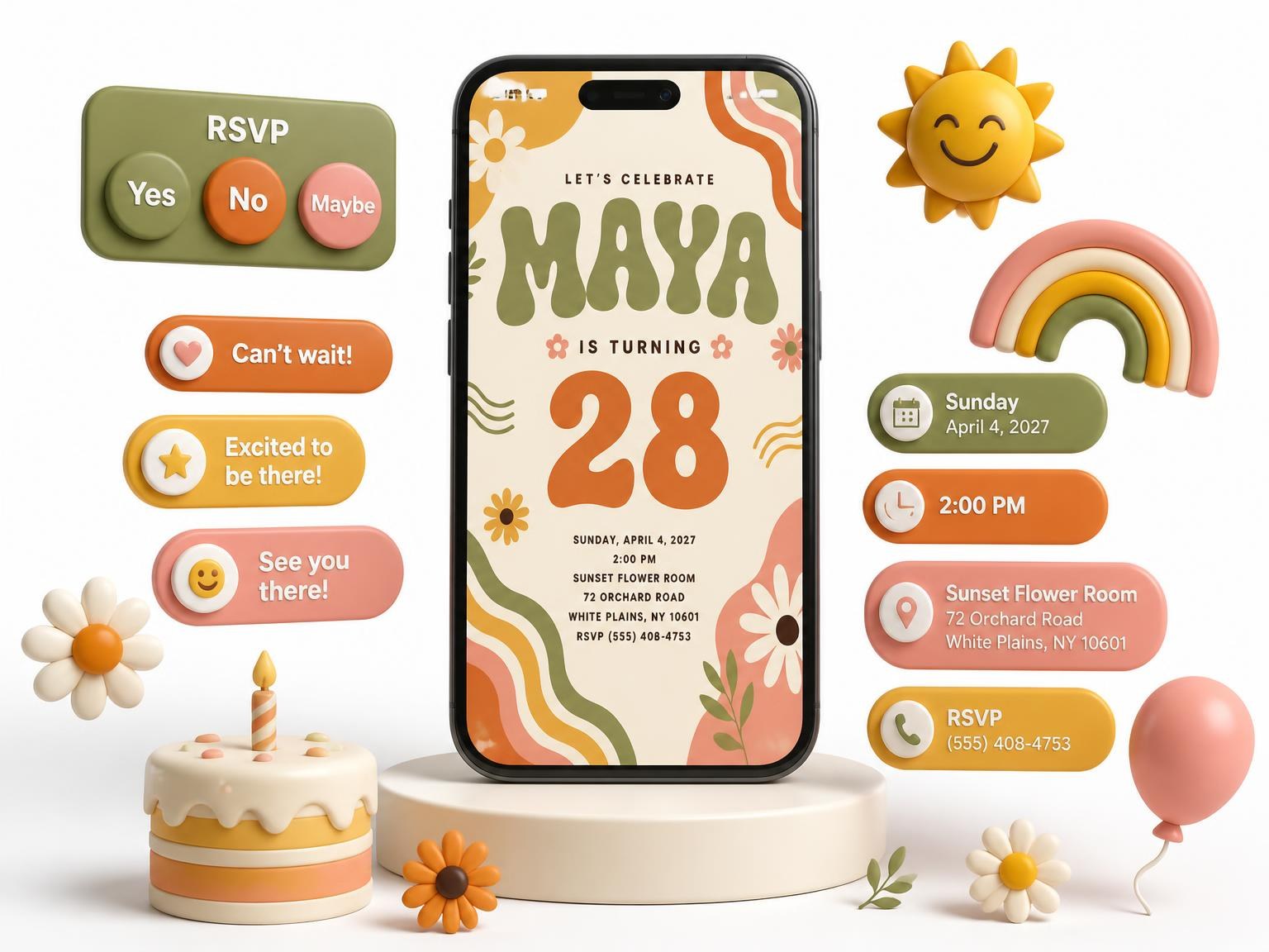 The Groovy Retro 28th Birthday Invitation invitation on a phone, with guest RSVPs arriving around it