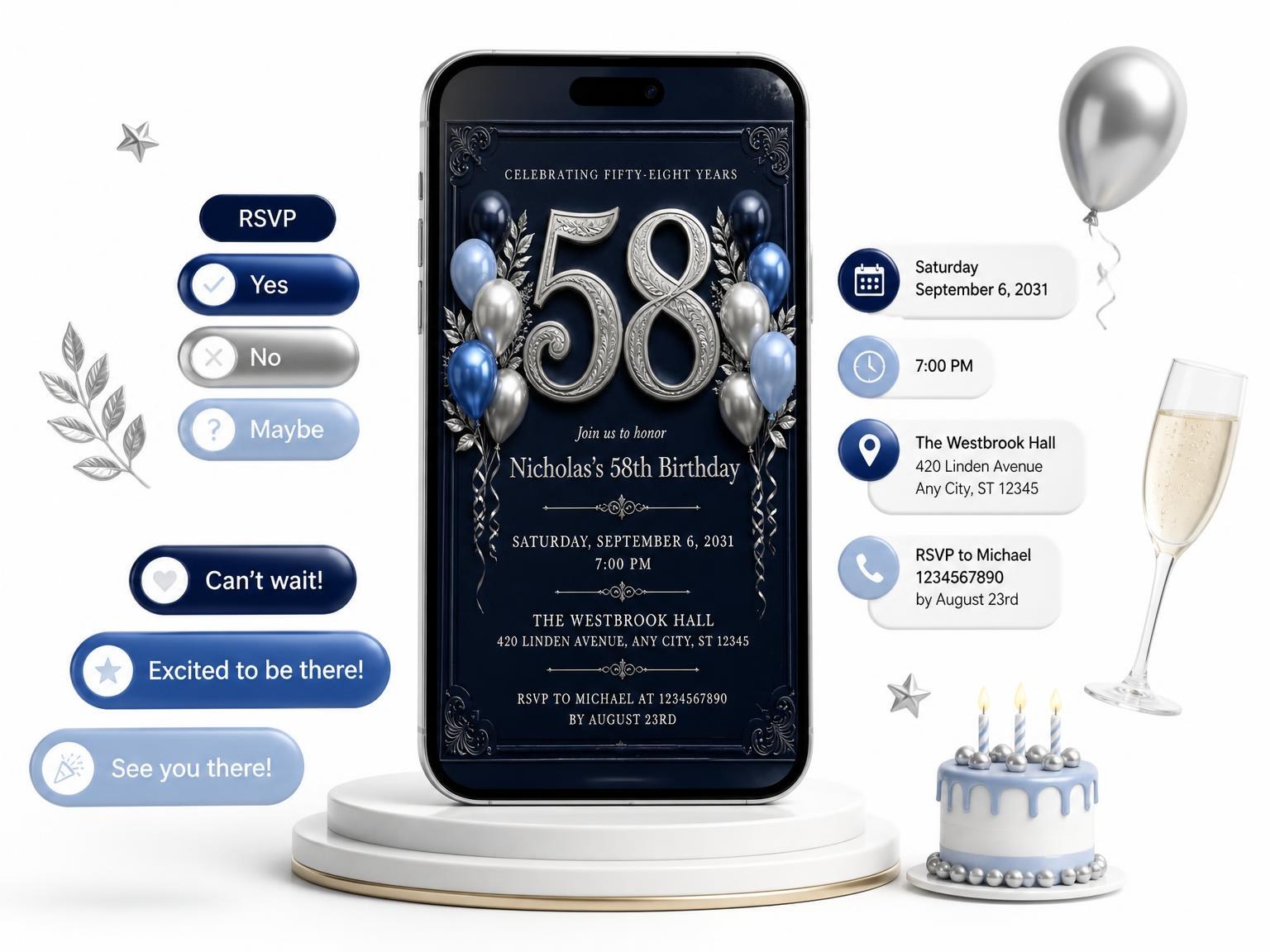 The Navy and Silver 58th Birthday Invitation invitation on a phone, with guest RSVPs arriving around it