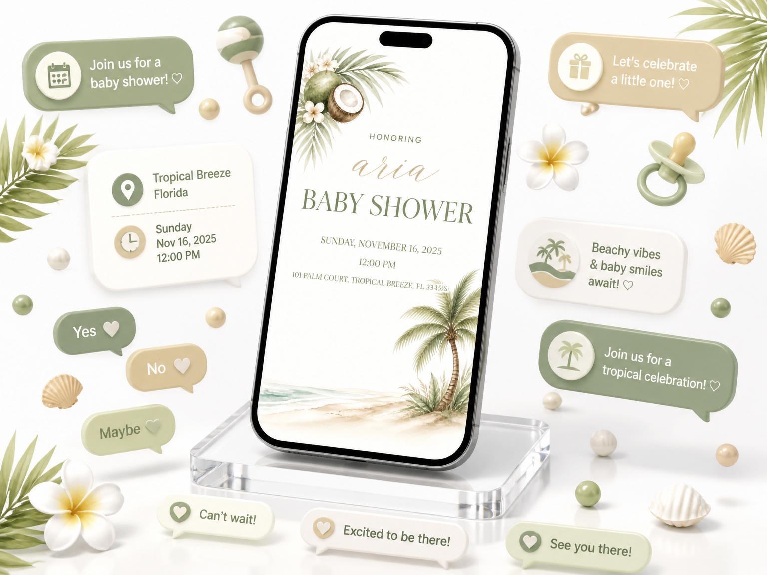 The Watercolor Palm Tropical Baby Shower invitation on a phone, with guest RSVPs arriving around it