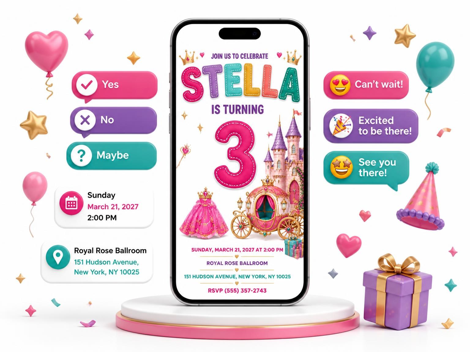 The Fairytale Castle 3rd Birthday Invitation invitation on a phone, with guest RSVPs arriving around it