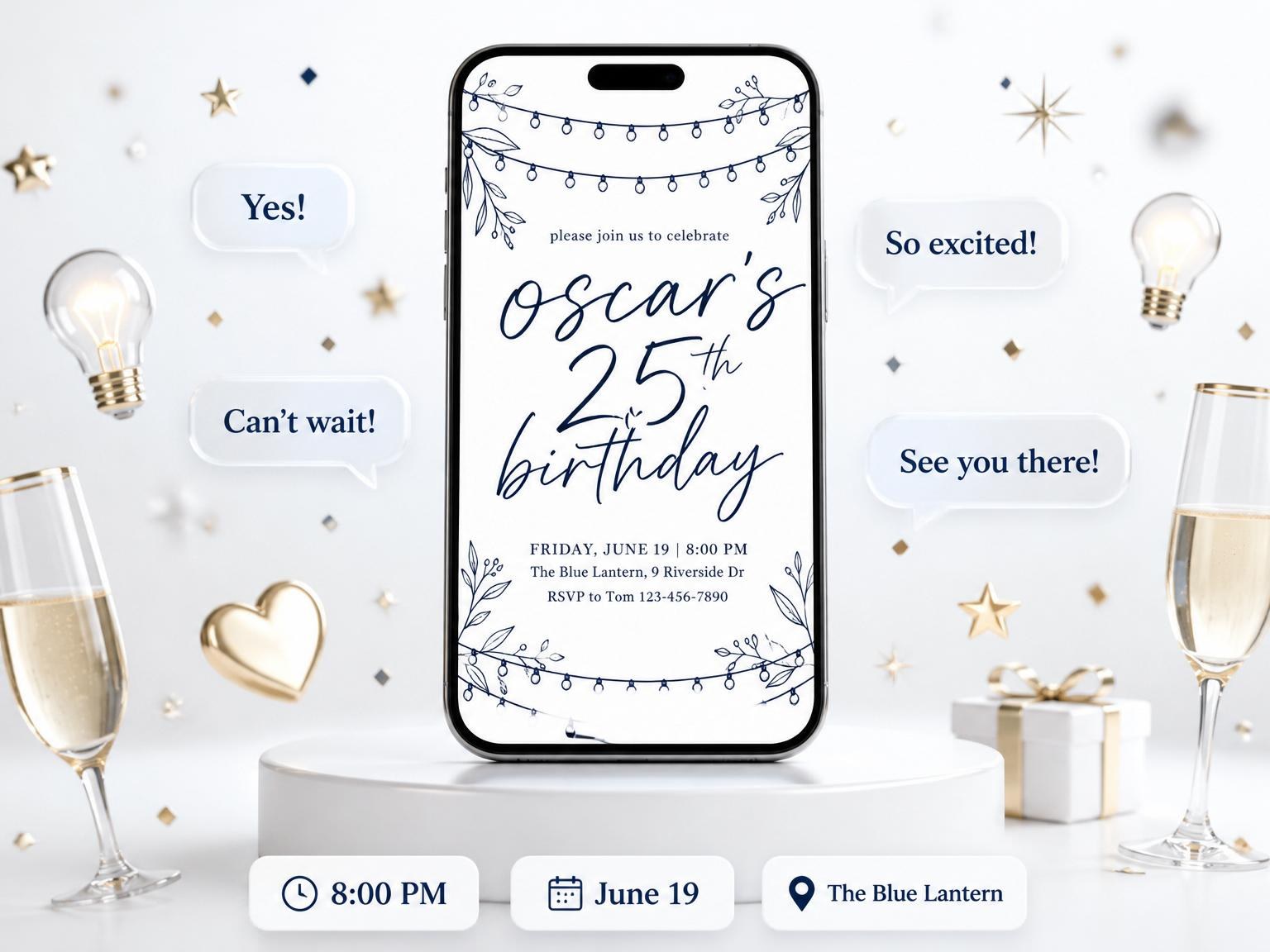 The Navy Line Art String Light 25th Birthday invitation on a phone, with guest RSVPs arriving around it
