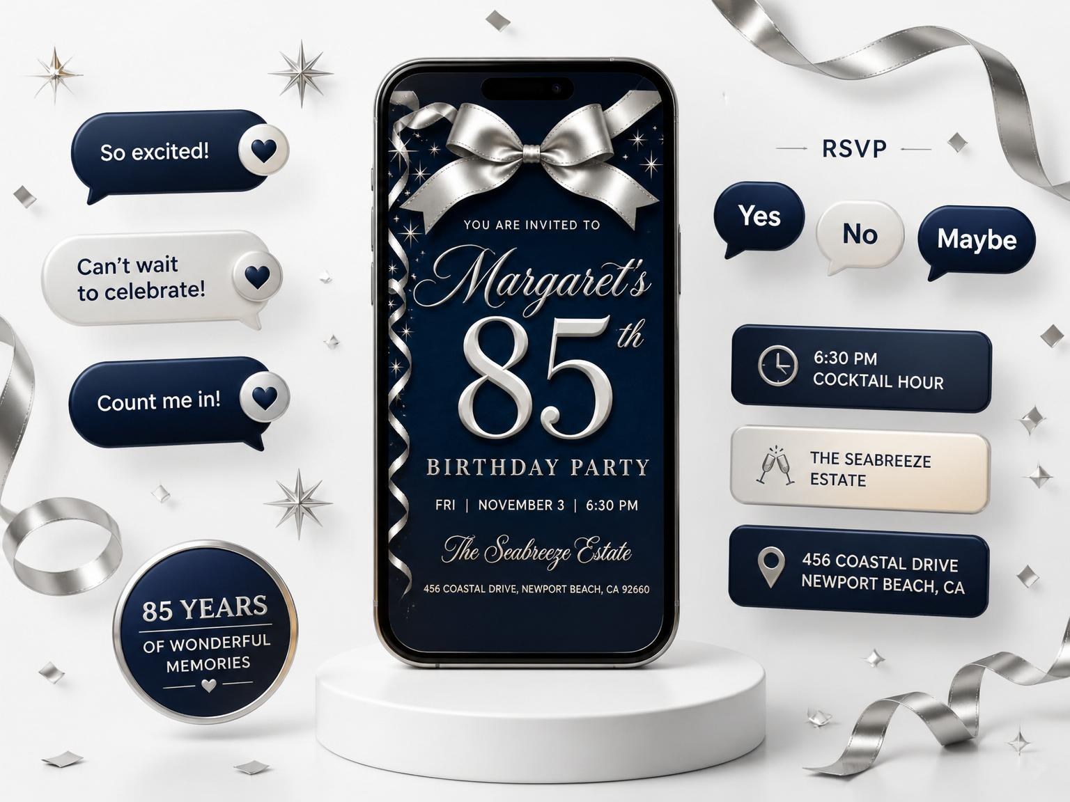 The Elegant Navy 85th Birthday Invitation invitation on a phone, with guest RSVPs arriving around it