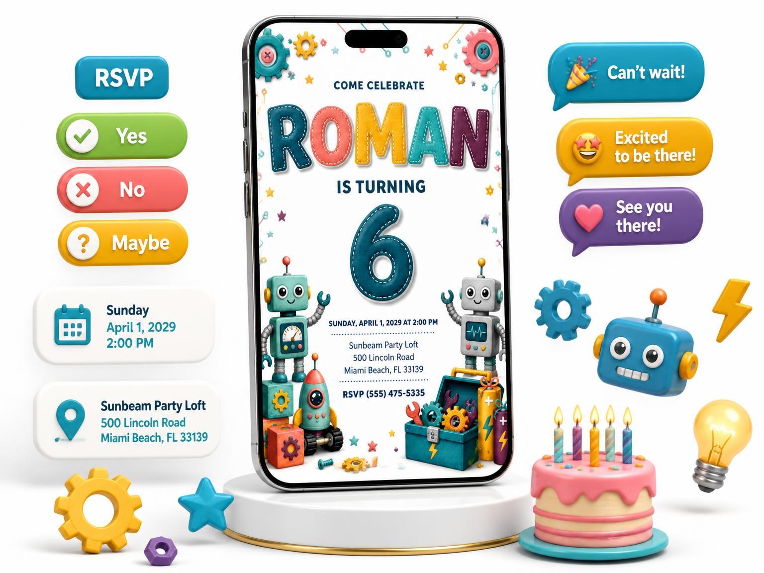The Stitched Robot 6th Birthday Invitation invitation on a phone, with guest RSVPs arriving around it
