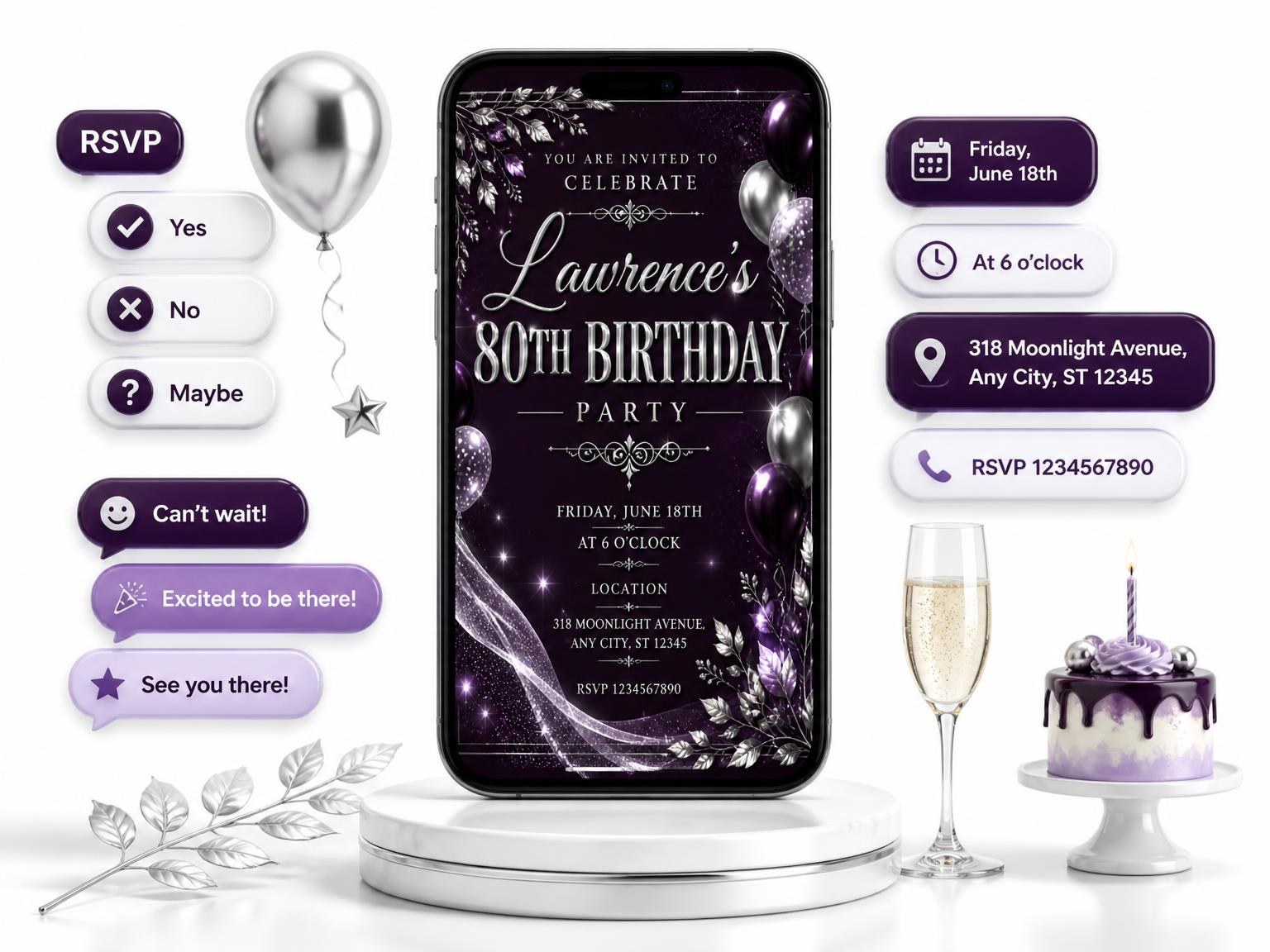 The Plum and Silver 80th Birthday Invitation invitation on a phone, with guest RSVPs arriving around it