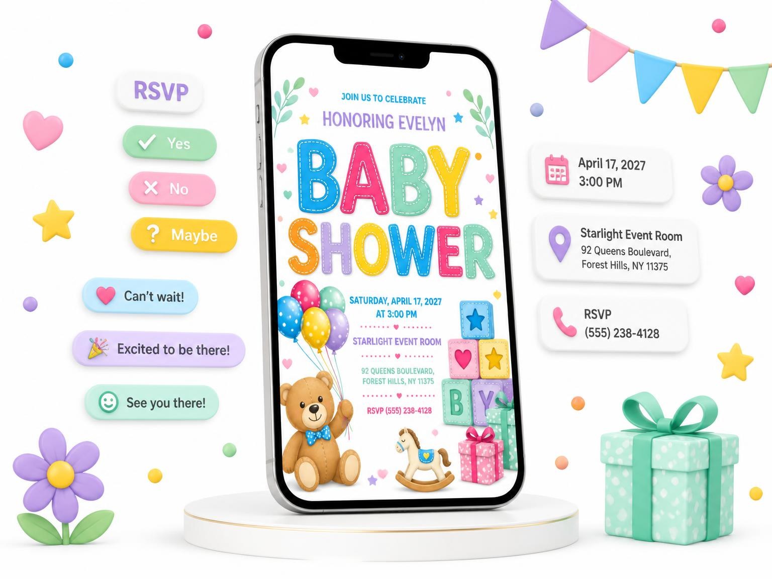 The Alphabet Toy Baby Shower Invitation invitation on a phone, with guest RSVPs arriving around it