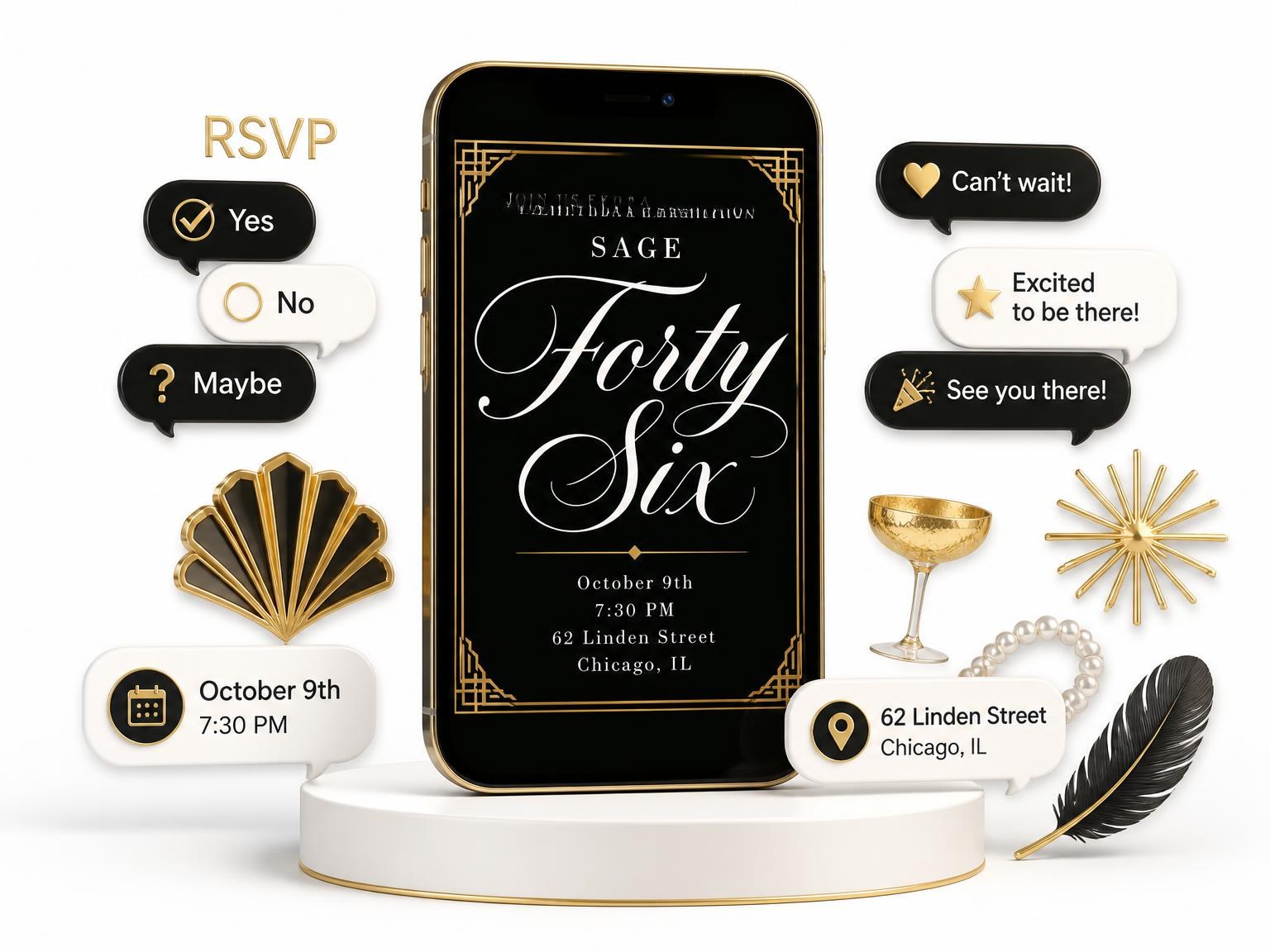 The Art Deco 46th Birthday Invitation invitation on a phone, with guest RSVPs arriving around it