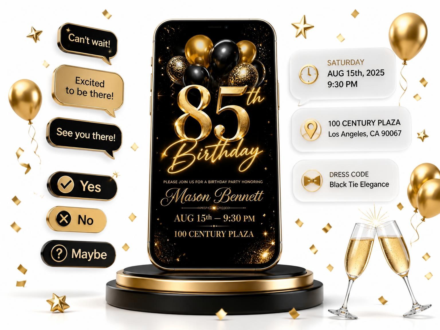 The Black and Gold Balloon 85th Birthday invitation on a phone, with guest RSVPs arriving around it