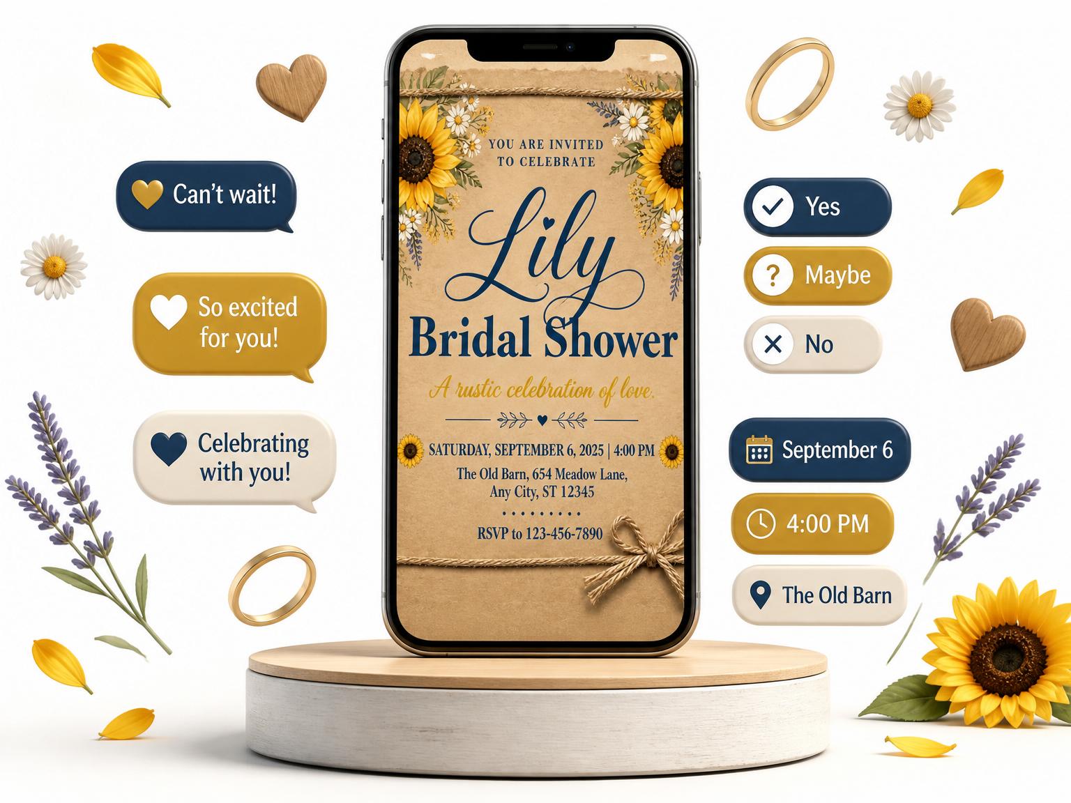 The Rustic Sunflower Garden Bridal Shower invitation on a phone, with guest RSVPs arriving around it