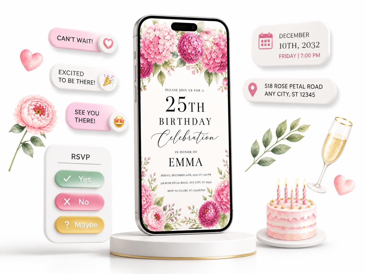 The Fuchsia Peony Blossoms 25th Birthday Invitation invitation on a phone, with guest RSVPs arriving around it