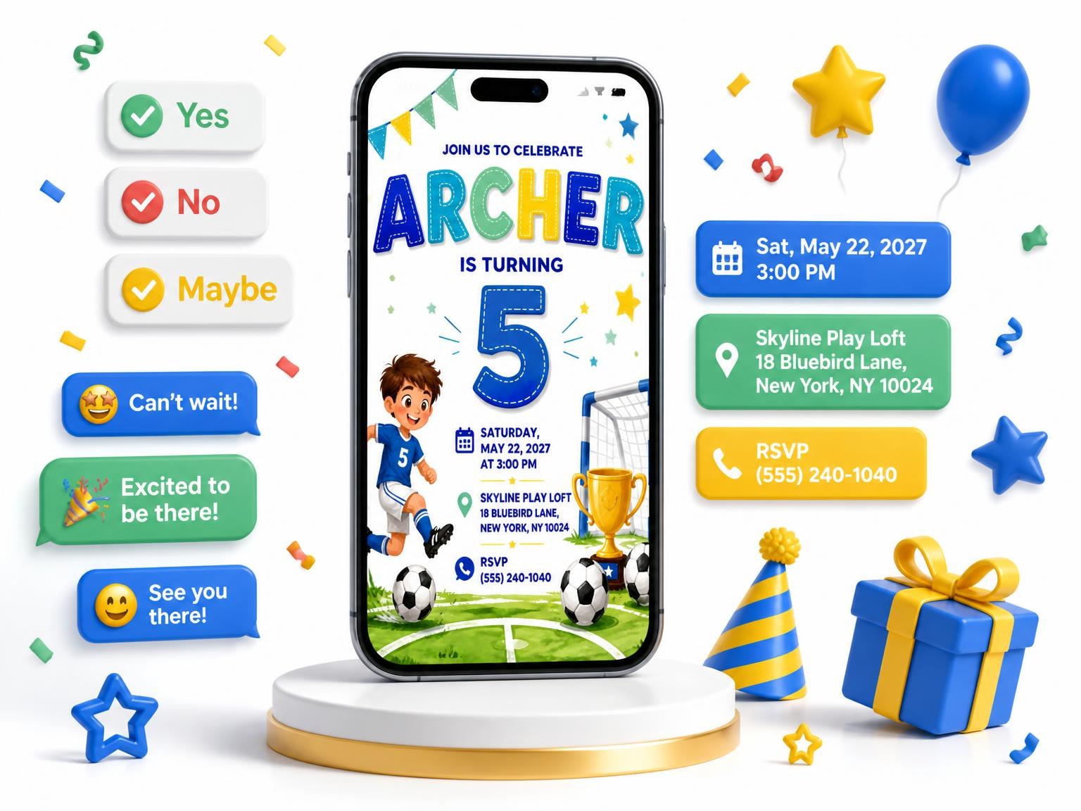 The Soccer Championship 5th Birthday Invitation invitation on a phone, with guest RSVPs arriving around it