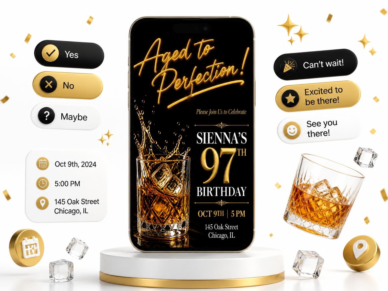 The Crystal Whiskey 97th Birthday Invitation invitation on a phone, with guest RSVPs arriving around it