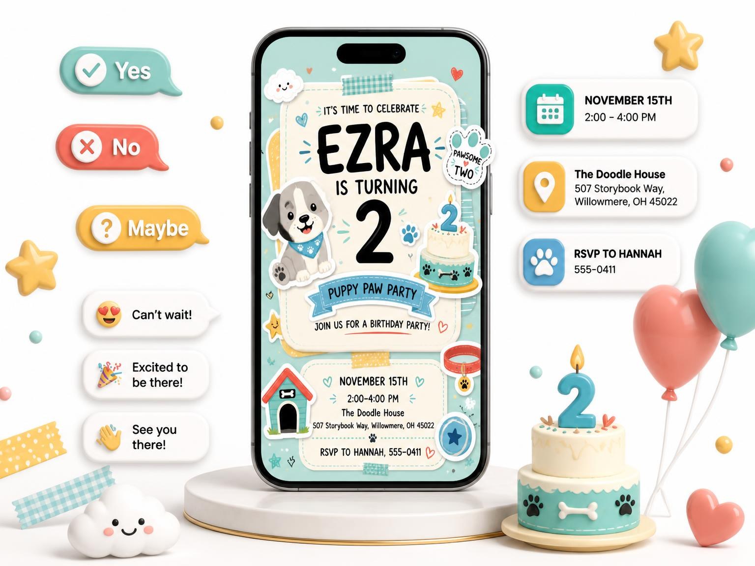The Puppy Pastel Scrapbook 2nd Birthday Invitation invitation on a phone, with guest RSVPs arriving around it