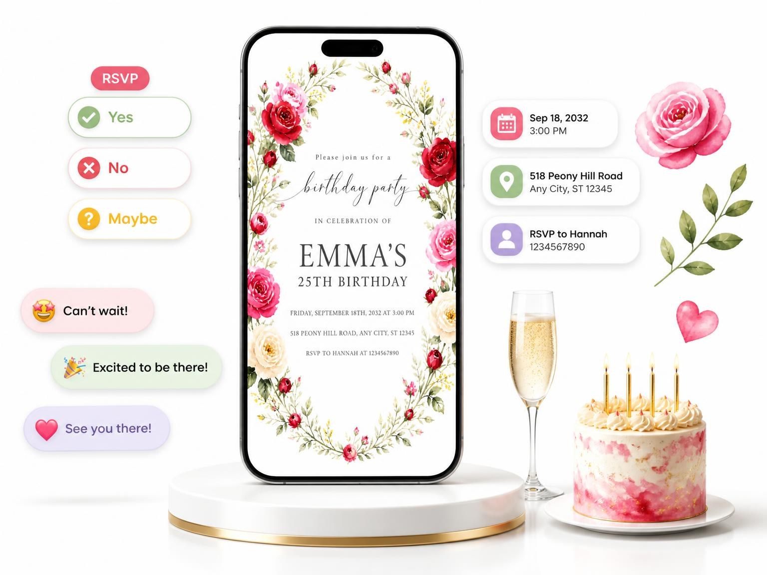 The Rose Wreath Scarlet 25th Birthday Invitation invitation on a phone, with guest RSVPs arriving around it