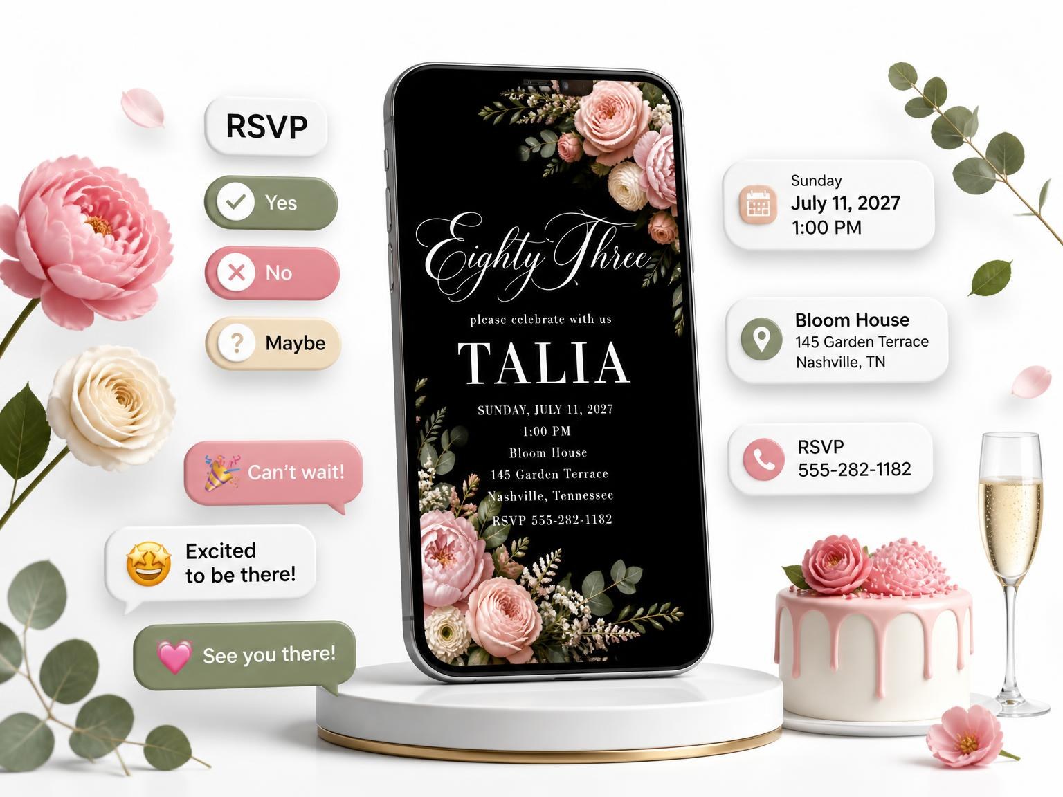 The Black Floral 83rd Birthday Invitation invitation on a phone, with guest RSVPs arriving around it