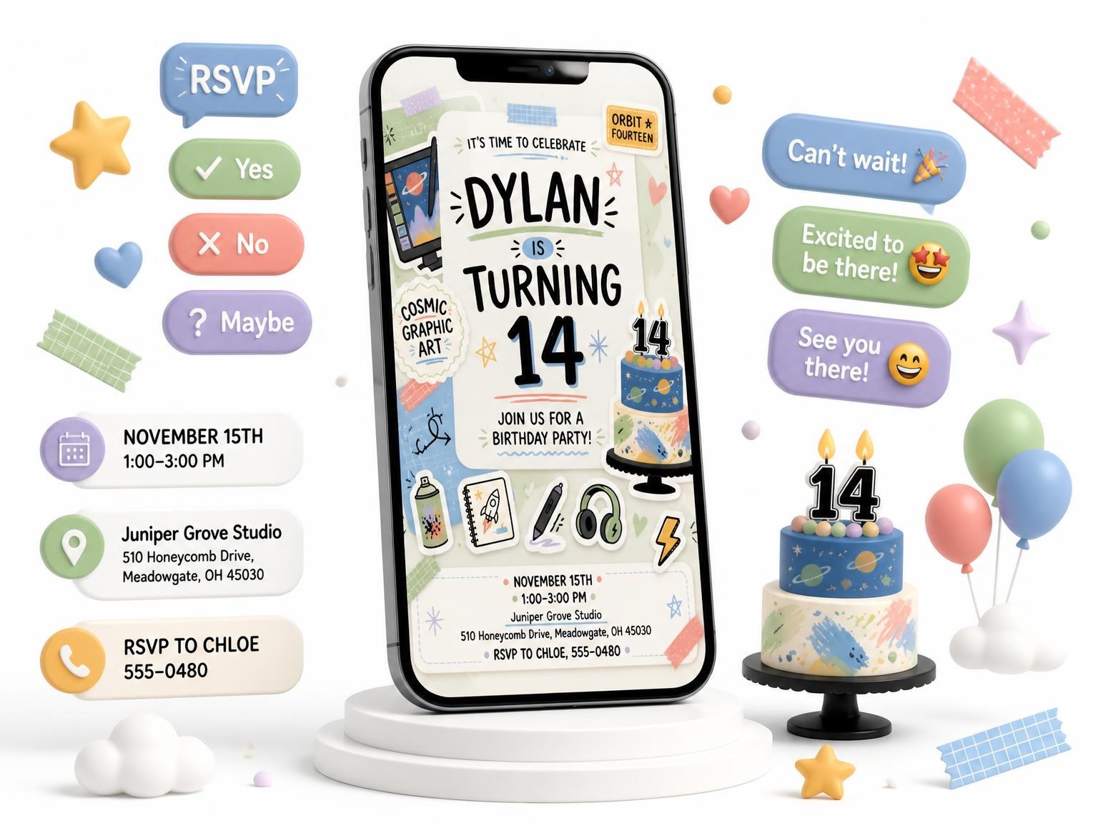 The Pastel Digital Art 14th Birthday Invitation invitation on a phone, with guest RSVPs arriving around it