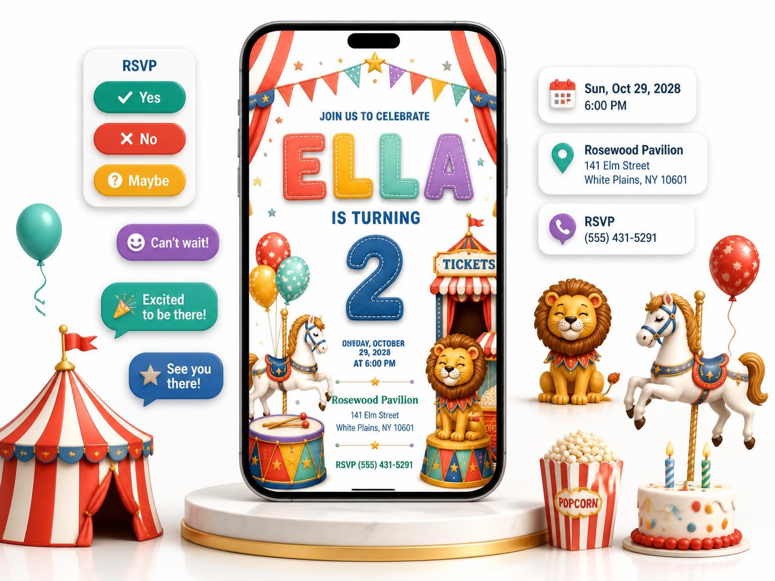 The Stitched Circus 2nd Birthday Invitation invitation on a phone, with guest RSVPs arriving around it