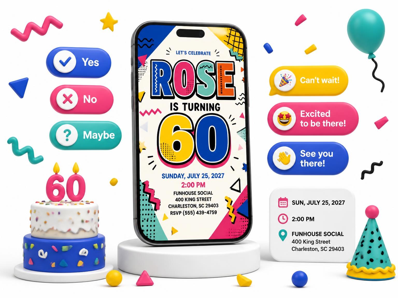 The Memphis Pop 60th Birthday Invitation invitation on a phone, with guest RSVPs arriving around it