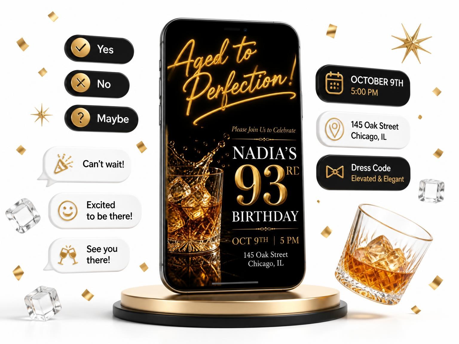 The Whiskey Tumbler 93rd Birthday Invitation invitation on a phone, with guest RSVPs arriving around it