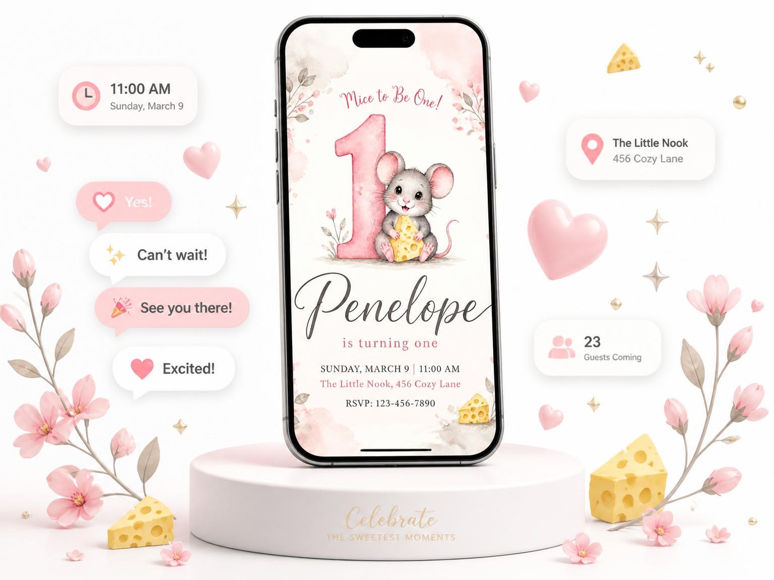 The Pink Watercolor Mouse 1st Birthday invitation on a phone, with guest RSVPs arriving around it