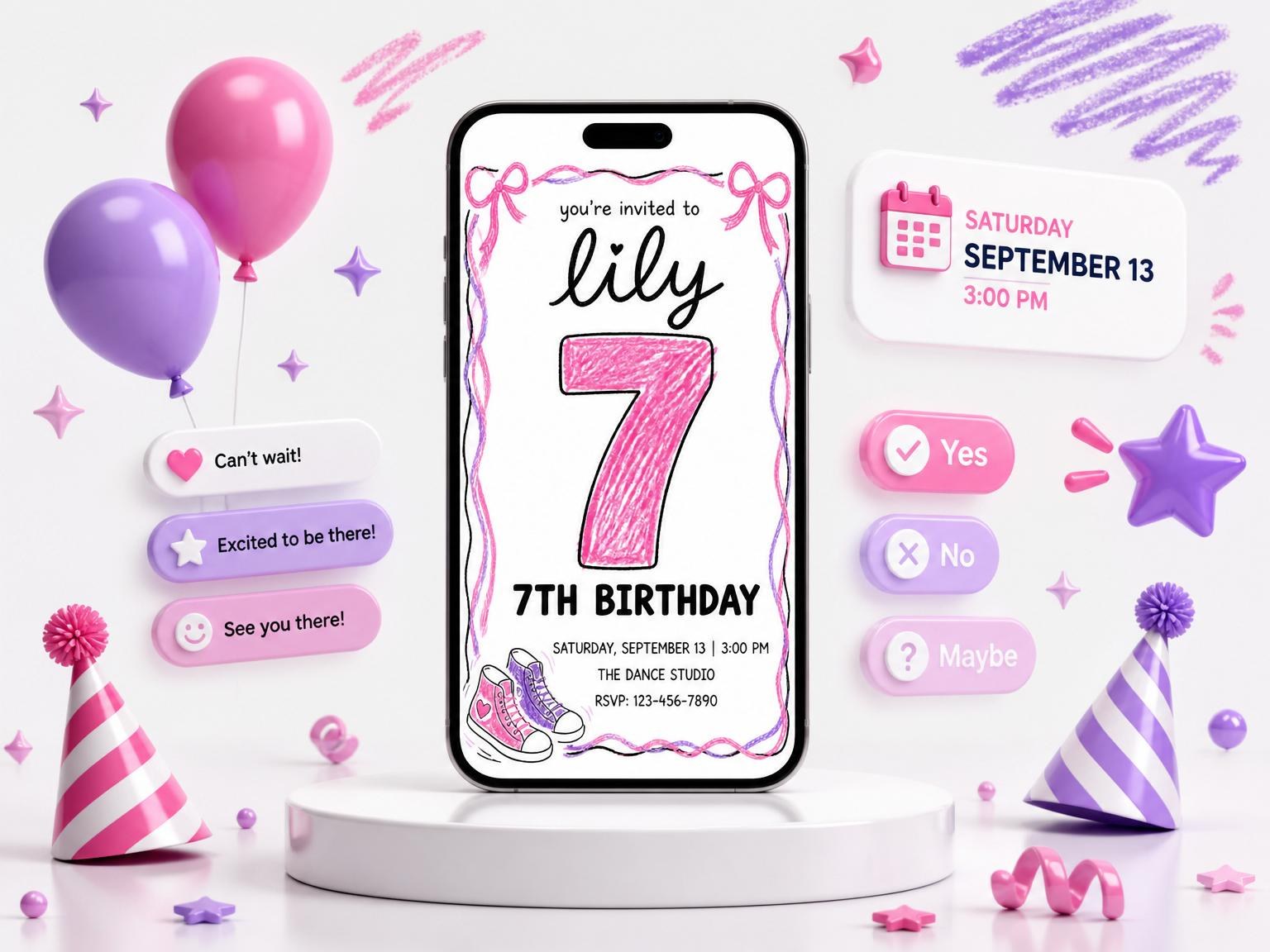 The Pink Crayon Sneaker 7th Birthday Invitation invitation on a phone, with guest RSVPs arriving around it