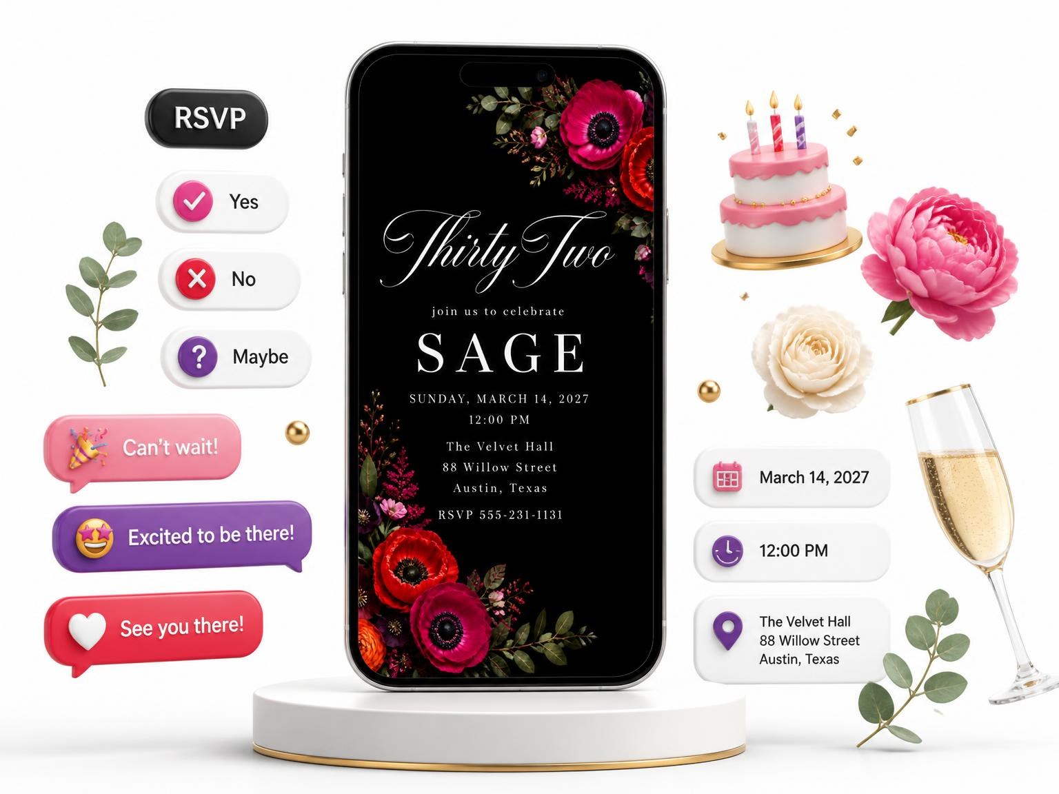 The Black Floral 32nd Birthday Invitation invitation on a phone, with guest RSVPs arriving around it