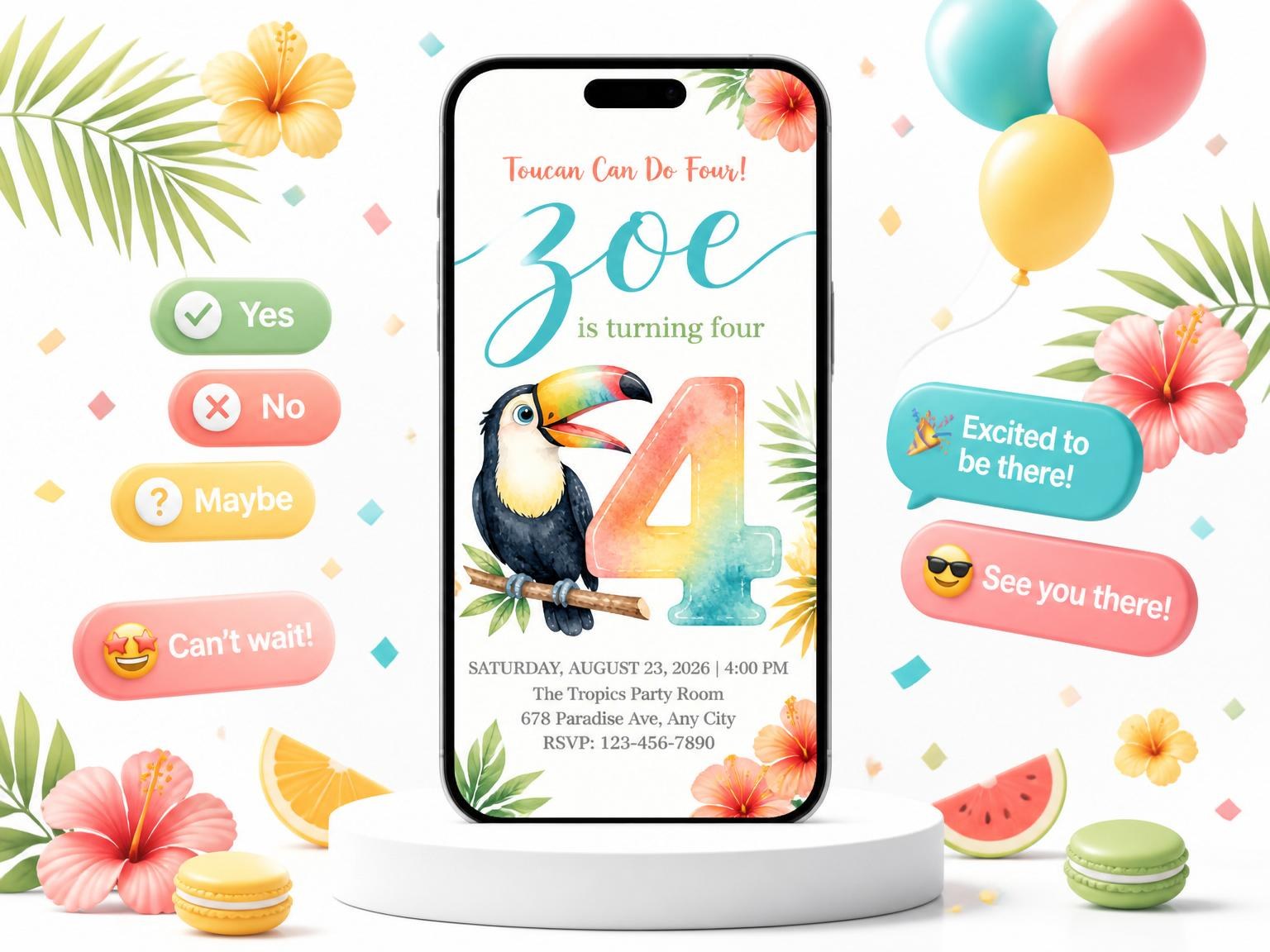 The Watercolor Toucan Tropical 4th Birthday Invitation invitation on a phone, with guest RSVPs arriving around it